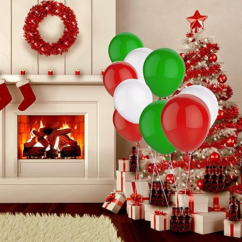 Miniatura 4 de 100 globos rojos, verdes y blancos de 12 pulgadas, globos de fiesta de Navidad con cinta para decoraciones de Navidad o fiesta temática de Navidad,