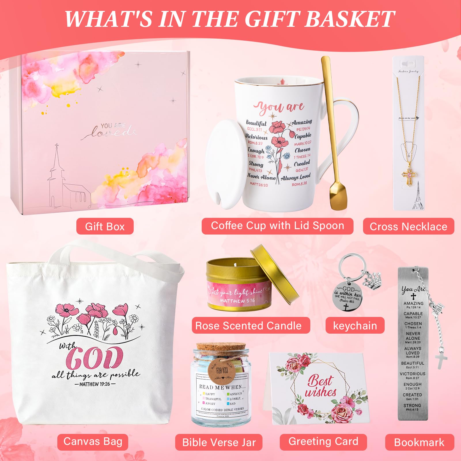 Christian Gifts for Women Religious Catholic Inspirational Gifts for Women Birthday 9PCS Baptism Spiritual Faith Gift Set Include Bible Verse Jar Christian Bookmark Keychain Tote Bag Necklace Mugs