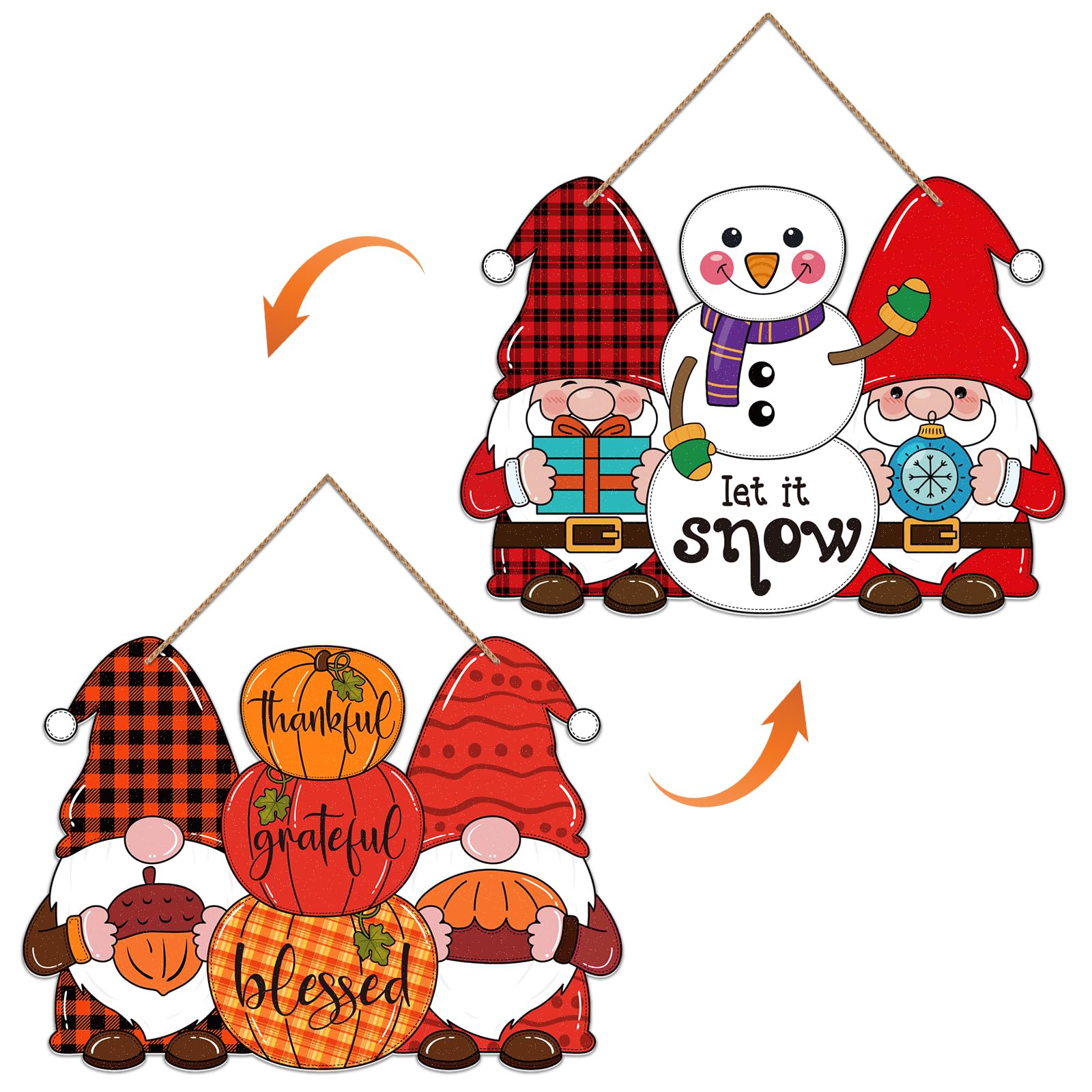 FLYABReversible Fall Thanksgiving Decor Christmas Decorations for Home Indoor Outdoor Gnomes Thankful Fall Door Sign Buffalo Plaid Christmas Wreath Sign for Front Door Porch Wall Hanger Decor