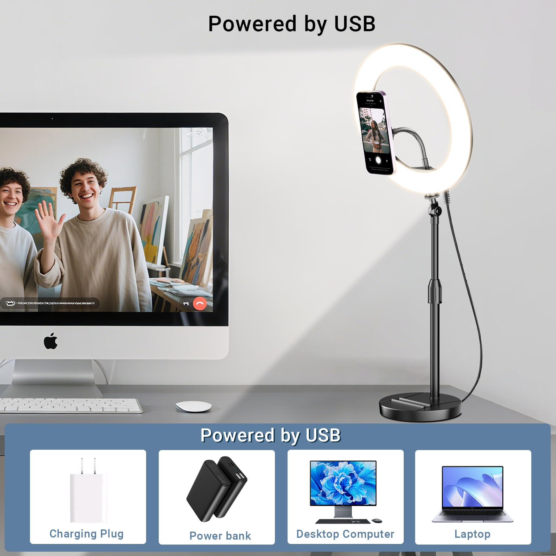 Luce ad anello da scrivania con supporto magnetico per telefono, kit di illuminazione per videoconferenze e podcast da 25,4 cm, per monitor del computer portatile, zoom e streaming di chiamate, luce