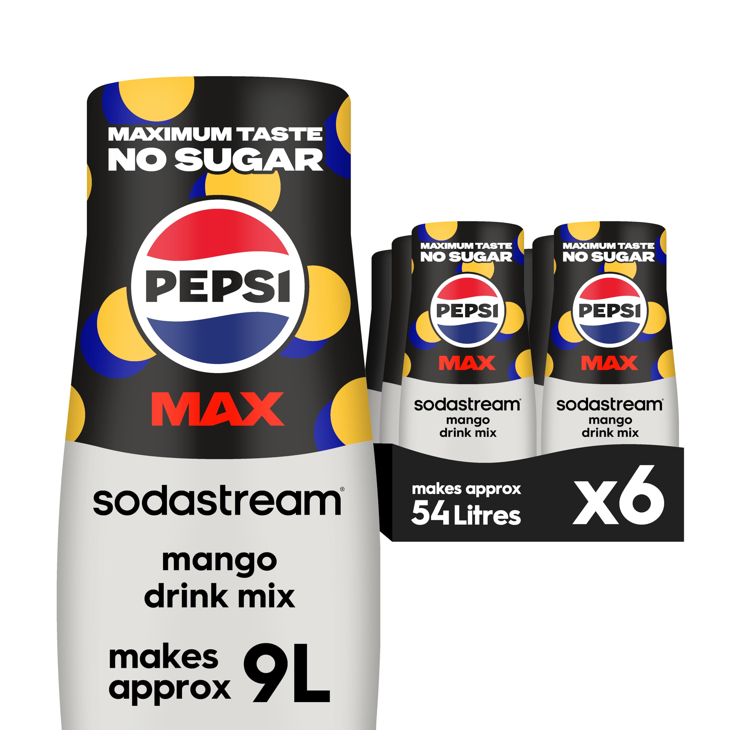 Sodastream Pepsi MAX Mango Fizzy Water Flavouring Syrup, Sugar Free Soda Syrup, Zero Sugar Pepsi Flavour, 6 x 440ml Multipack, Home Soda, Flavoured Sparkling Water, Drink Mix, Makes Approx 54L
