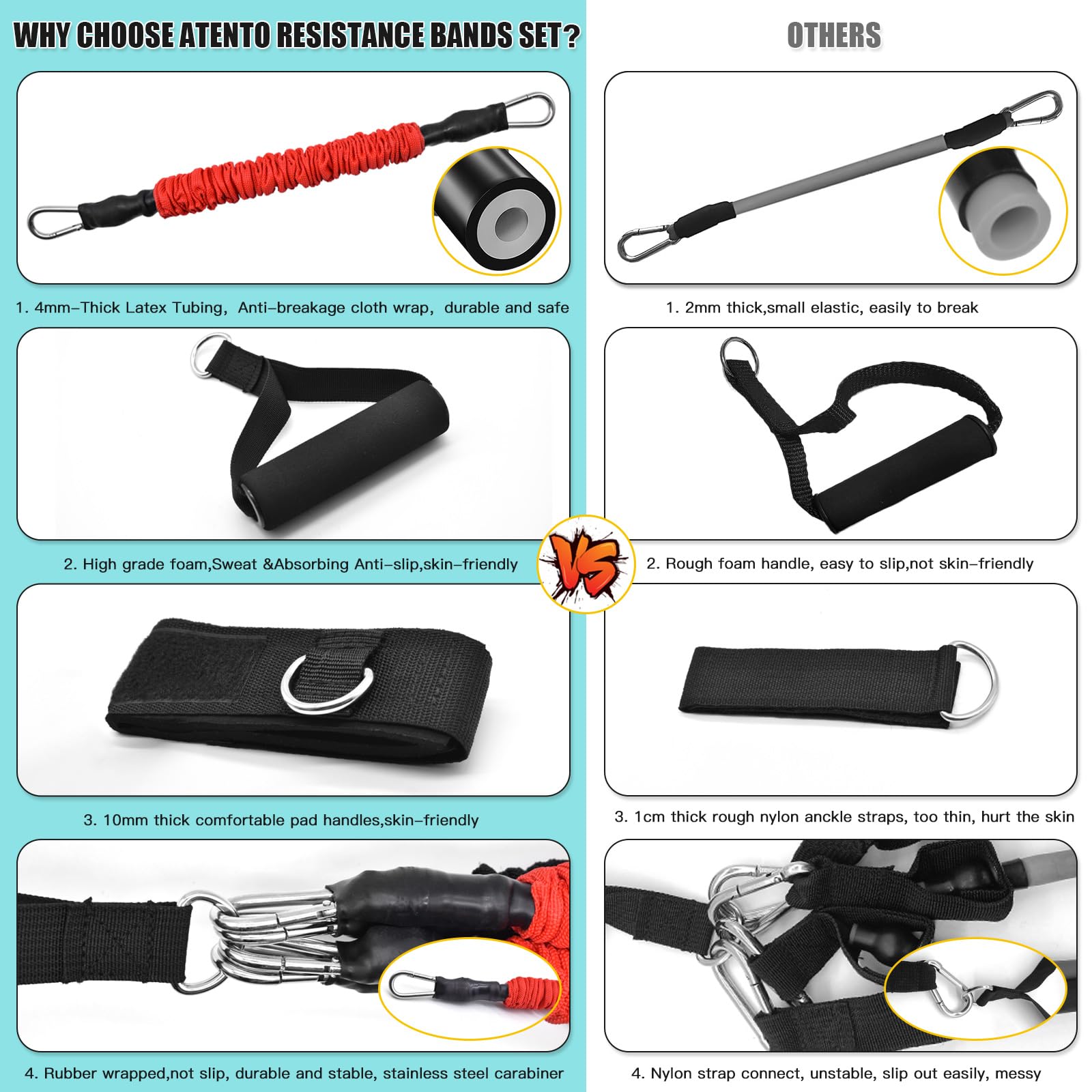 ATENTO Widerstandsbänder für Beine und Po, Fitness-Gummiband mit Griffen, Fitnessgürtel, 4-teiliges Trainingsband für Damen und Herren, Beintag, Ganzkörper-Routine-Übung mit Türanker, Knöchelriemen,