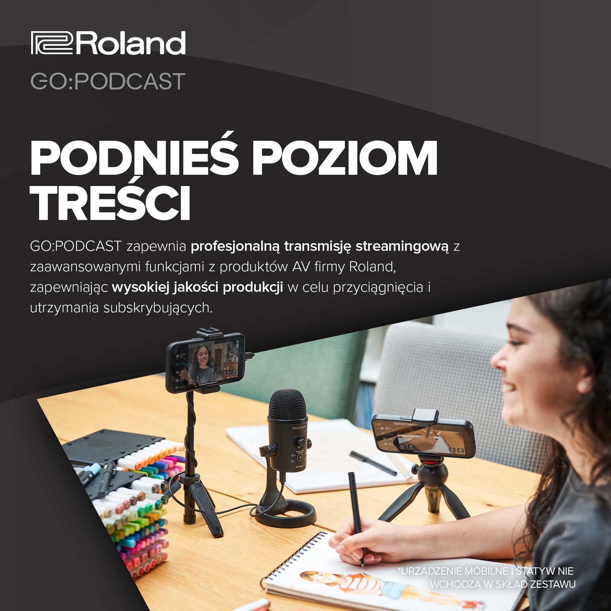 Roland GO:PODCAST Video Podcasting Studio dla Smartfonów | Łatwy w Użyciu System Transmisji na Żywo dla Podcasterów, Vlogerów i nie Tylko | Intuicyjna Aplikacja Wideo | Wysokiej Jakości Mikrofon USB