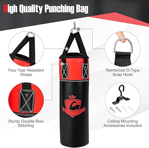 Miniatura 4 de GYMAX Saco de boxeo para niños, saco de boxeo prellenado con guantes de boxeo, envolturas de mano y bolsa de transporte, saco de boxeo pesado