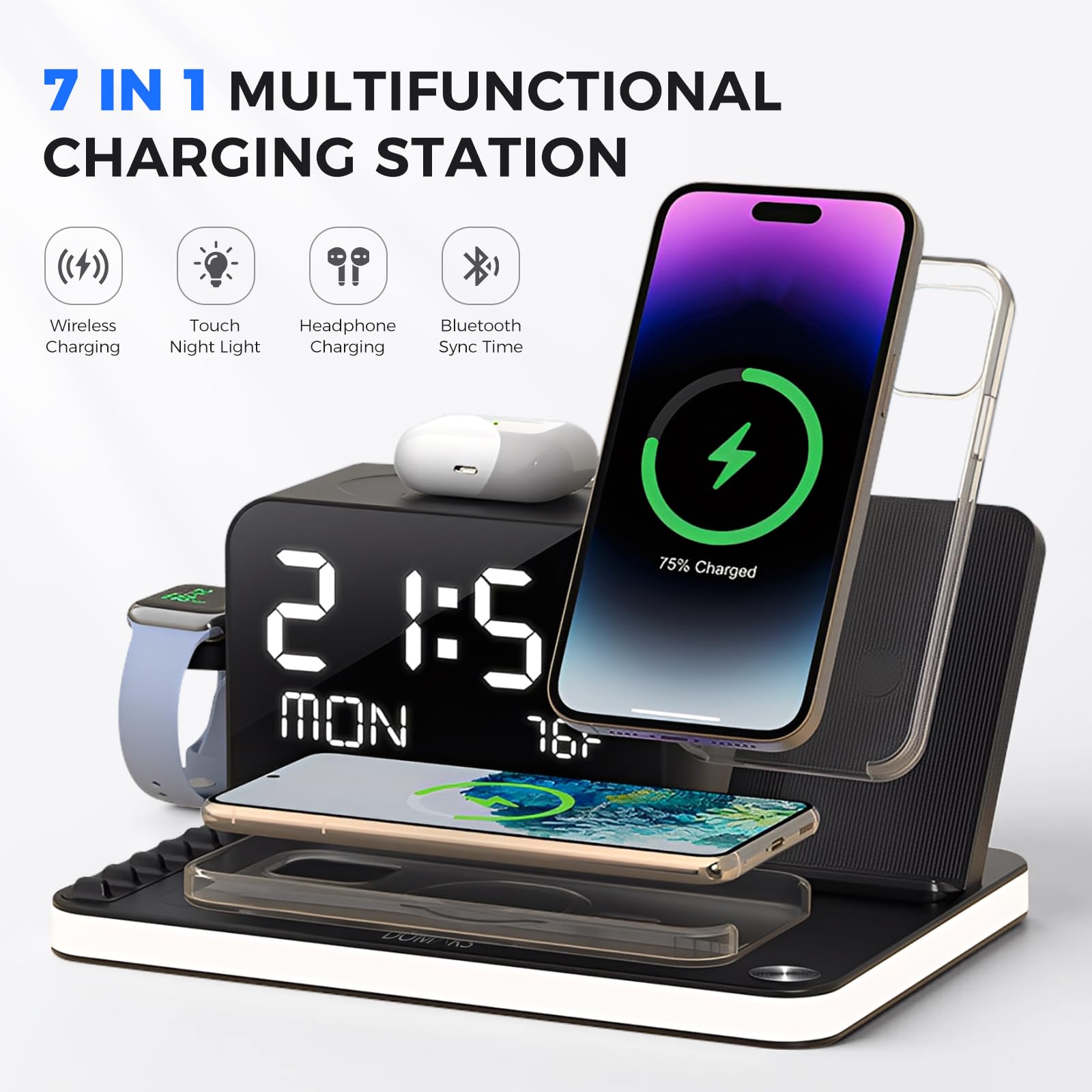 7-in-1-Schnellladestation für kabelloses Laden, inklusive 4 kabellosen Ladestationen und 2 Ladeanschlüssen, kompatibel mit 30-W-Schnellladung（Schwarz）