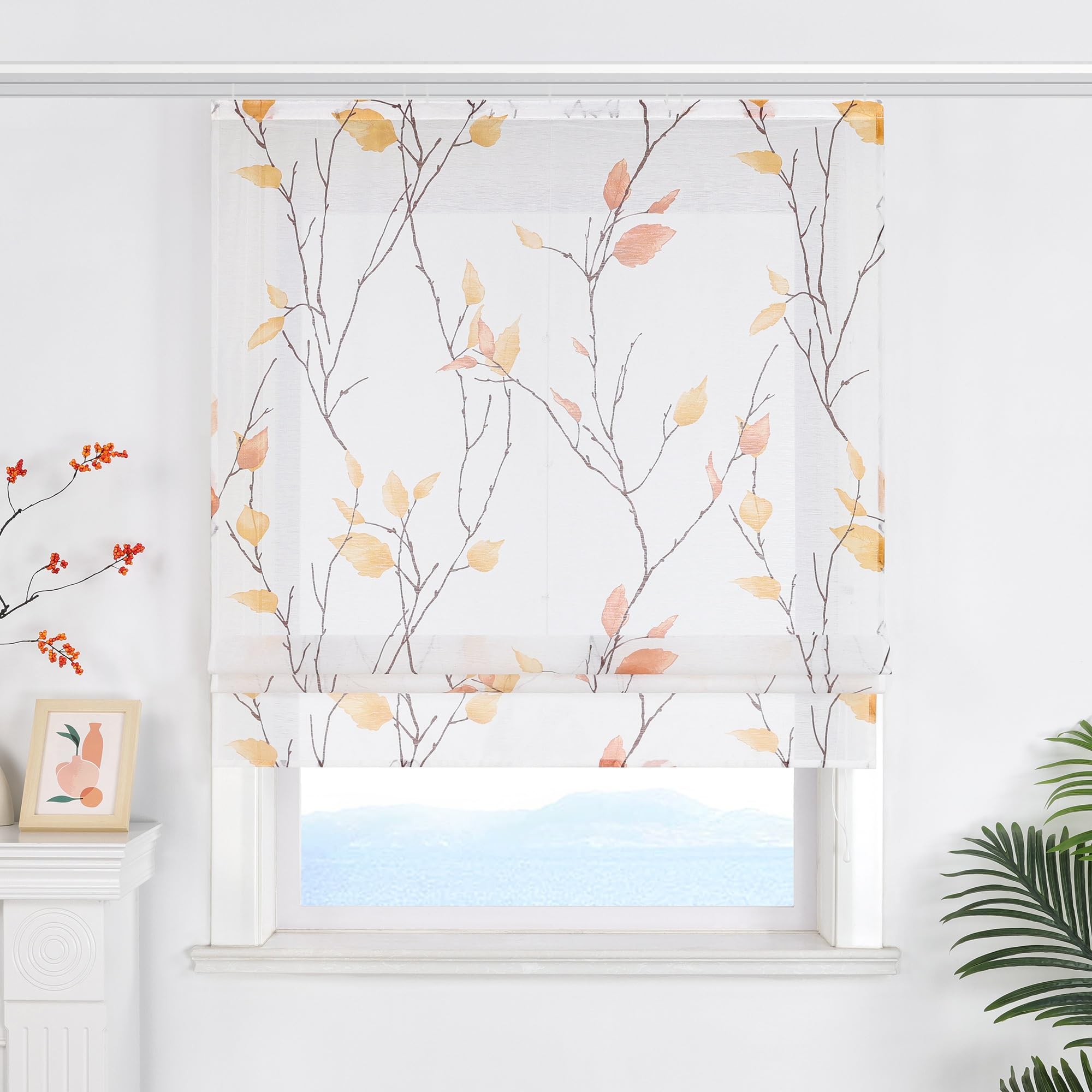 ESLIR Raffrollo mit Klettband Landhaus Gardinen Küche Transparent Raffgardinen mit Klettschienen Weiß Wohnzimmer Bändchenrollo mit Blattdesign Orange BxH 100x140 cm 1 Stück