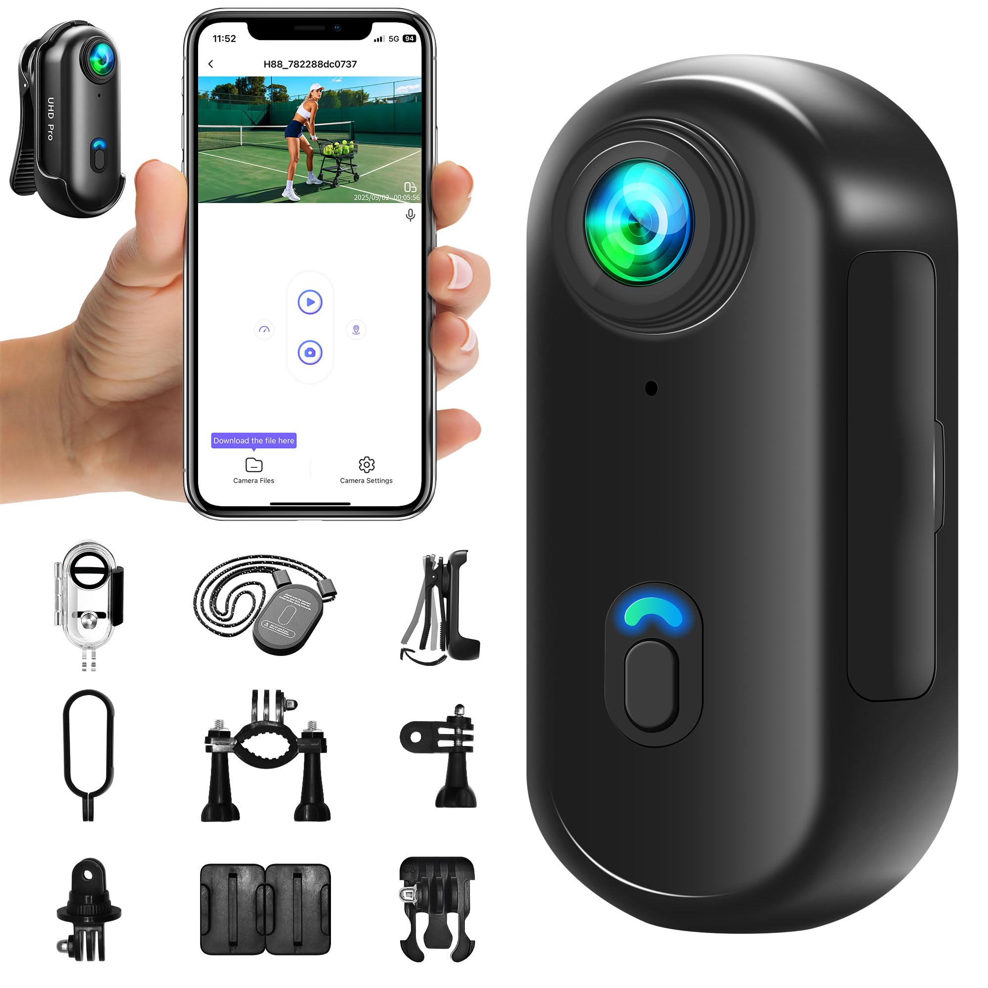 Mini Caméra Sport 4K, Mini Caméra d'action WiFi, Camera Vlog | Mini Action Cam Portable avec Angle 120°, Caméra POV, 360° Bodycam, Caméra Casque pour Vélo, Accessoires Multifonctionnels