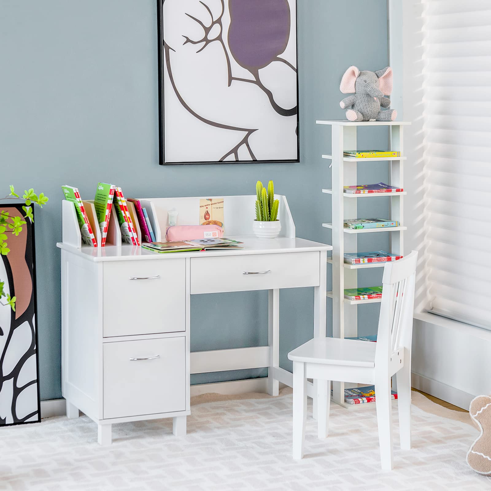 COSTWAY Set di Scrivania e Sedia per Bambini, Scrivania per Bambini con Cassetto e Armadietti, Ideale per Camera da Letto Sala Studio, 90,5 x 46 x 81 cm (bianco)