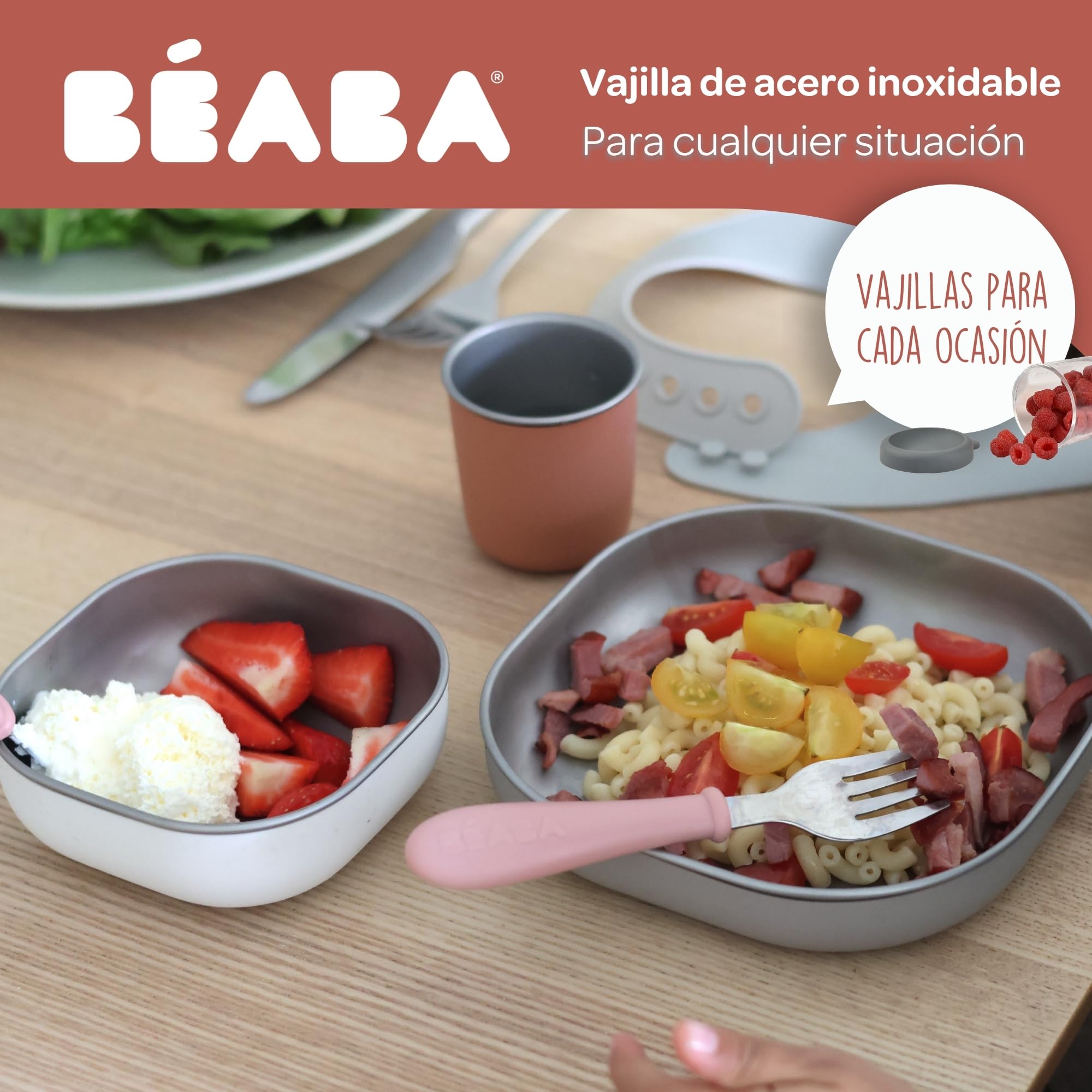 Béaba Juego de Comida Bebé de Acero Inoxidable, 3 Piezas, Vaso y 2 Platos, Apto para Microondas y Lavavajillas, Sano y Resistente, Ligero, Irrompible, Antideslizante con Tapa de Silicona, Terracotta