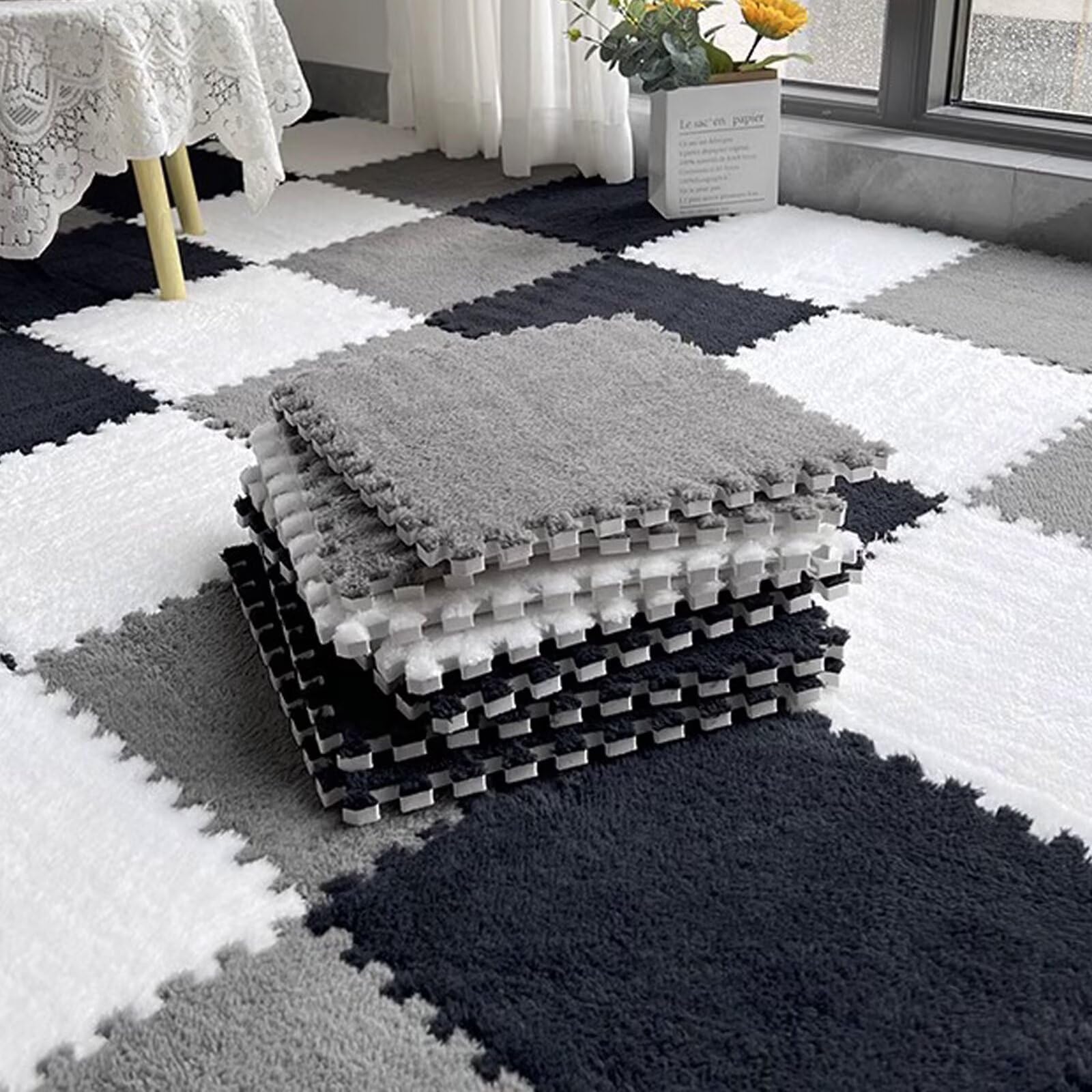 Typutomi 12pcs Plush Puzzle Foam Floor Mat, Cute Soft Fluffy Interlocking Square Foam Tiles Area Rugs Carpet for Parlor Bedroom Decor(11.8x11.8x0.4in,
