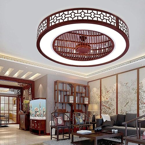 Miniatura 2 de Ventilador de techo invisible de 22 pulgadas con luz, lámpara LED moderna de montaje semiempotrado con control remoto, diseño de madera, cuchillas