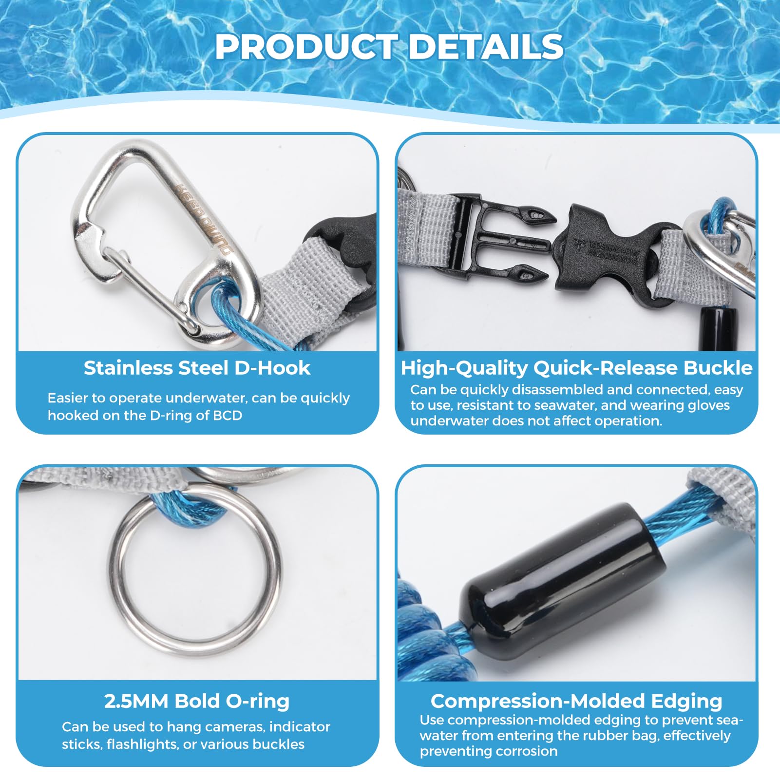Tbest Riffhaken Tauchen Edelstahl Riffhaken Mit Spiralkabel Scuba Diving Reef Haken Edelstahl Reef Hook Tauchhaken Scuba Safety Zubehör mit Spiral Coil Lanyard Schnellverschluss