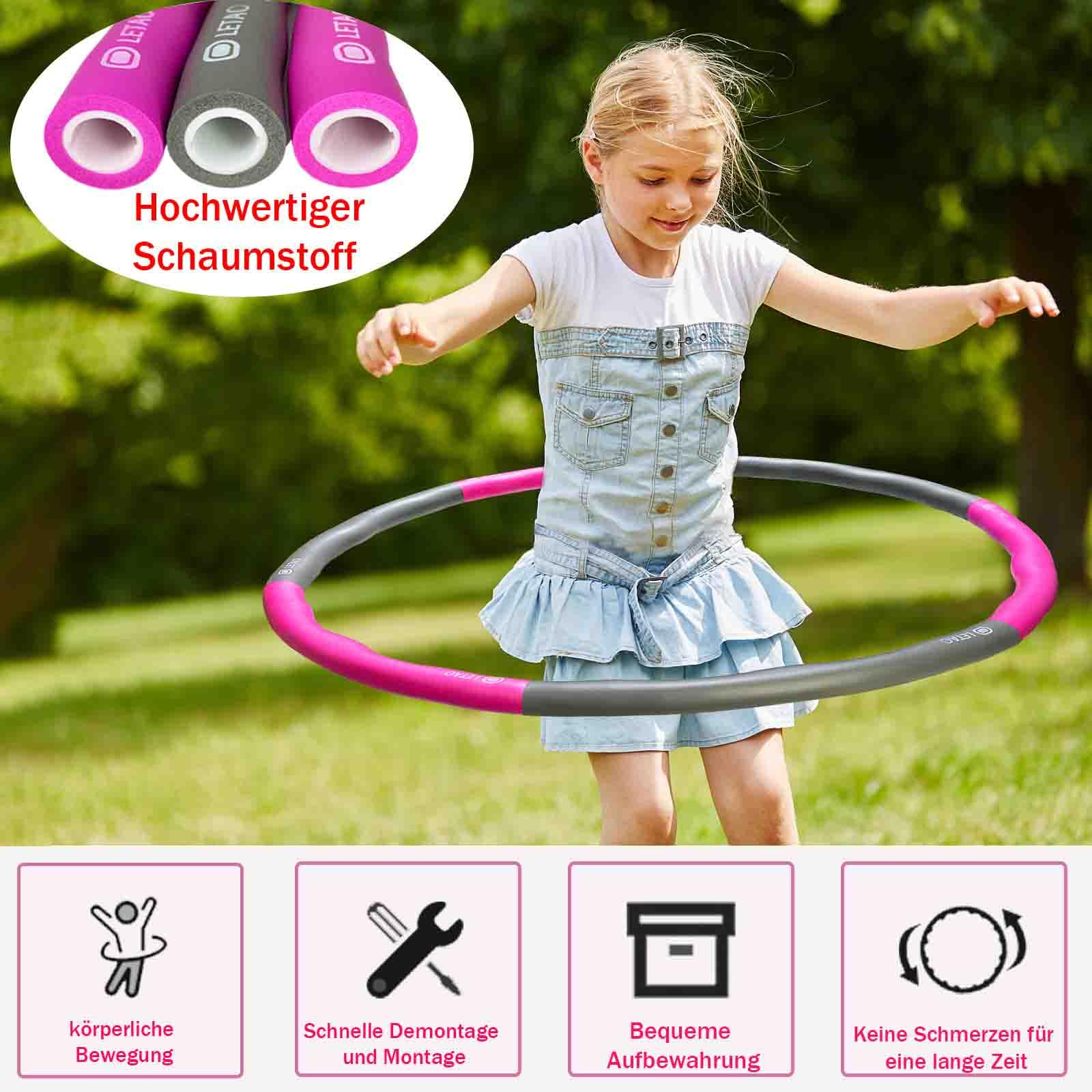 LETAO Hula Hoop Reifen Kinder von 4-8 Jahren | 510g Rosa-Grau Hula Hoop Reifen Kinder, Zerlegbar, inklusive Elektronischer Anleitung