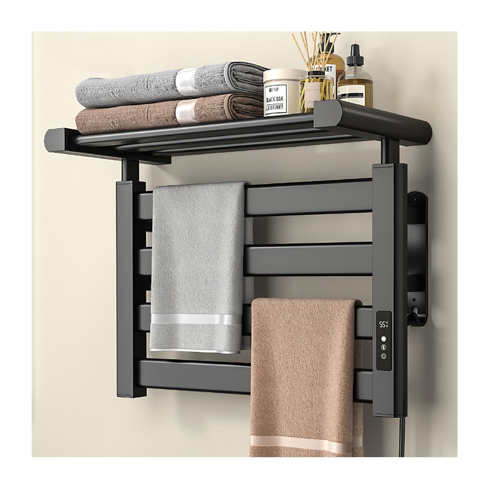 SWHC Heated Towel Rail, 135W Towel Warmer Digital Display Radiator Towel Rail Electric Towel Rail Timer 1-9H, 4-Bar Bathroom Radiators 53 * 41.5 * 26cm Electric Towel Radiator with Shelf