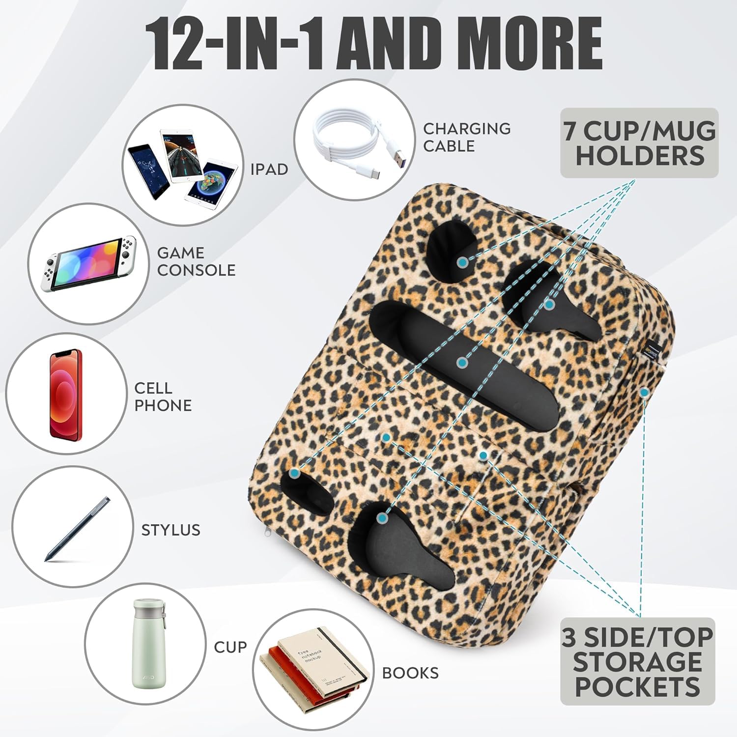 TabCouchCaddy - Couch Cup Holder Tray Pillow - Bed, Couch Caddy, Sofa, RV & Car - Holds Drinks, Snacks, Remotes, Phones, Kindle, Tablet | Bed Cup Holder (): Leopard