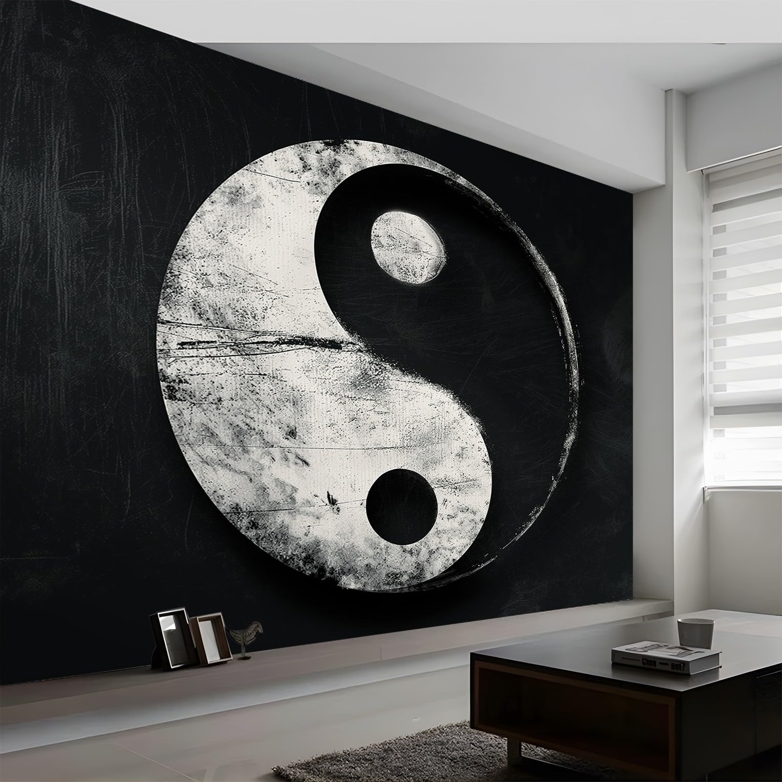 Tapeta z włókniny z motywem orientalnego symbolu Tai Chi, tapeta 400 x 280 cm, panorama, nowoczesna dekoracja, czarna do salonu, sypialni, fototapeta, dekoracja ścienna