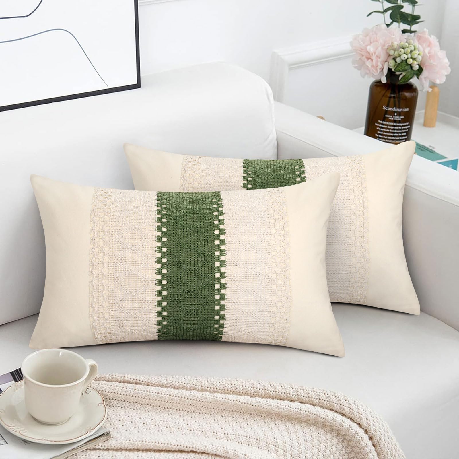 Cushion Green Cover, 30 x 50 cm, Cotton, Set of 2, Boho Sofa Cushion Cover, Rectangular, Washable, Cushion Covers, Decorative Living Room and Sofa Cushion, Home Decoration, for Bedroom, Home — image 1