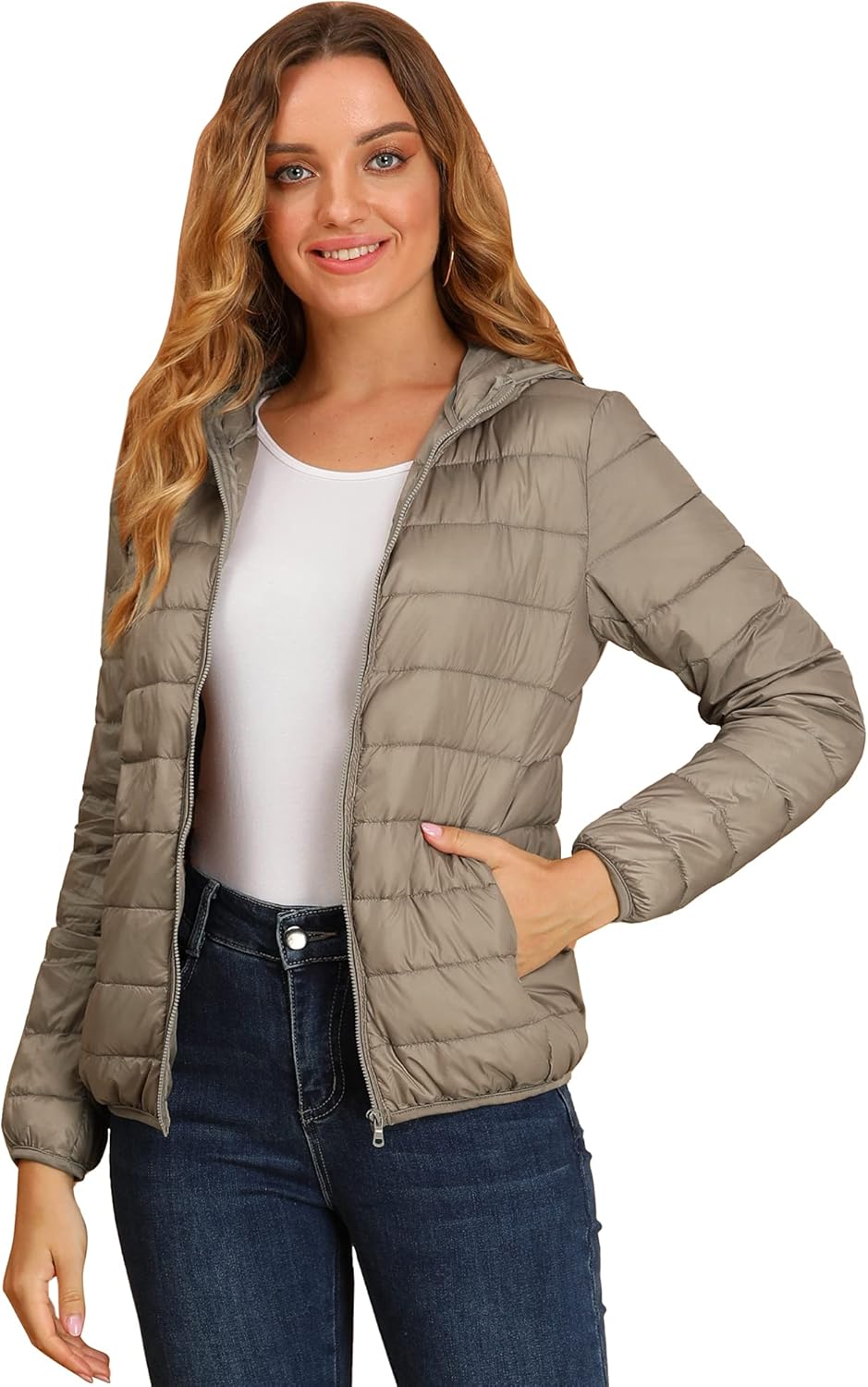 Allegra K Women's Puffer Coat Winter Long Sleeve Zip Up Hooded Lightweight Packable Down Jacket - Image 2