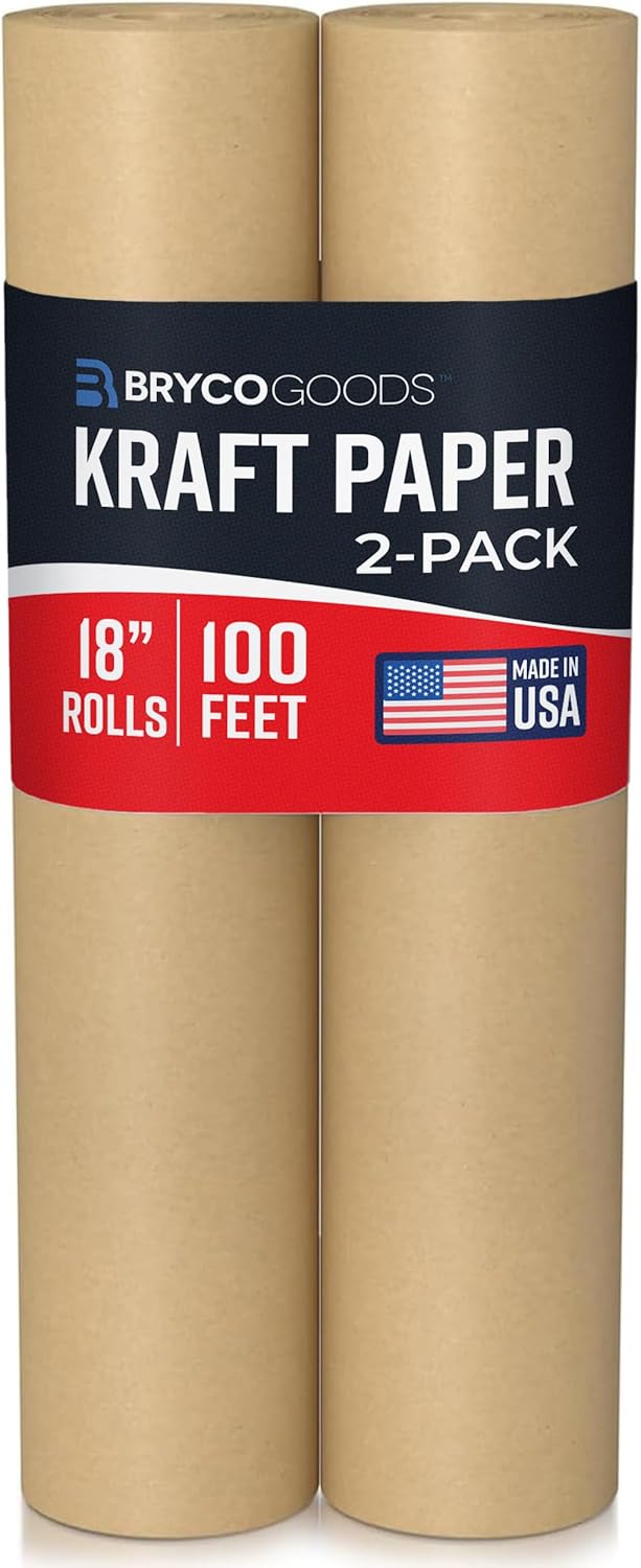 Bryco Goods (Pack of 2) Brown Kraft Packing Paper Rolls - 18" x 100' (1200”) - Moving Supplies, Gift Wrapping, Arts & Crafts, Bulletin Board Paper - Made in The USA