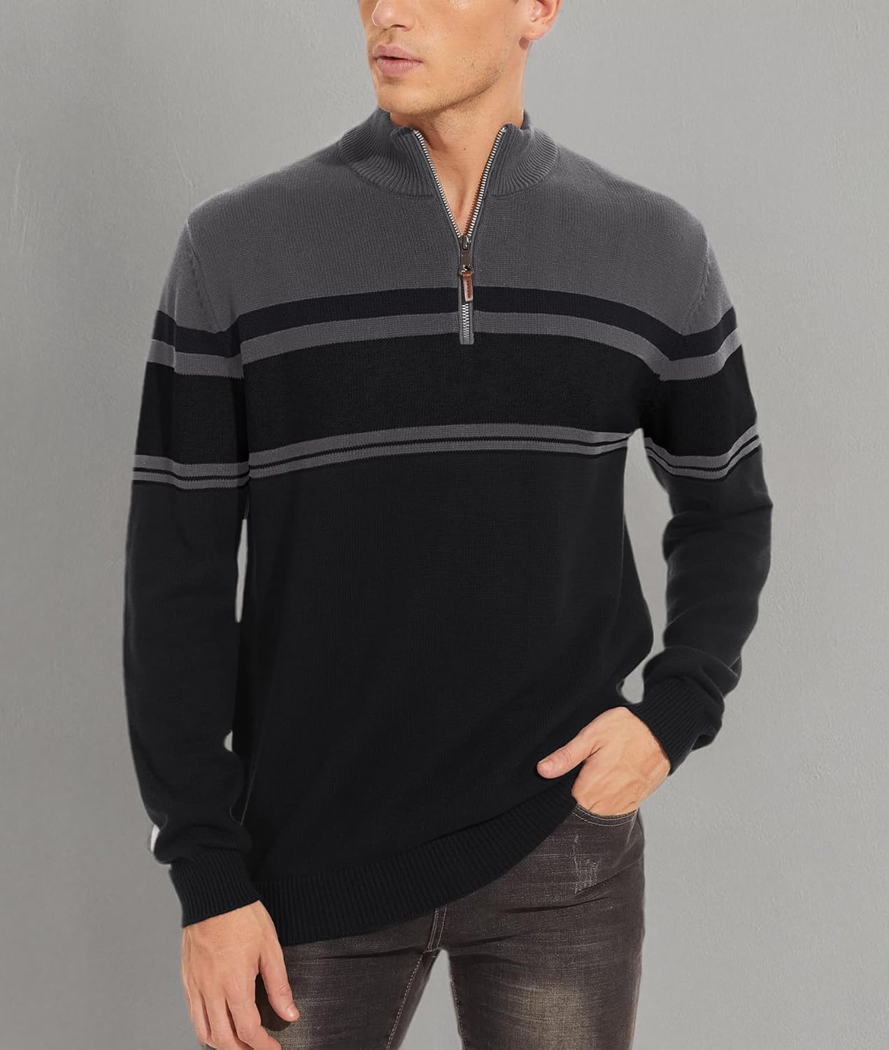 EKLENTSON Men's Quarter Zip Pullover Sweater Striped Knitted Turtleneck Pullover Winter Golf Sweater - Image 7