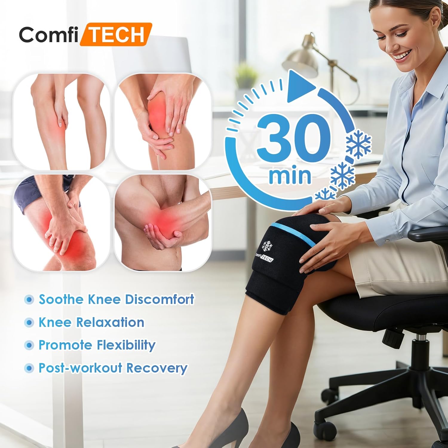 ComfiTECH Dual-Gel Pack Knee Ice Sleeve with Extended 30-Minute Cooling, Detachable Ice Pack & Flexible Reusable Gel Ice Wrap for Soothing Discomfort & Fatigue in Knee, Thigh and Calf, XL, 2 Packs