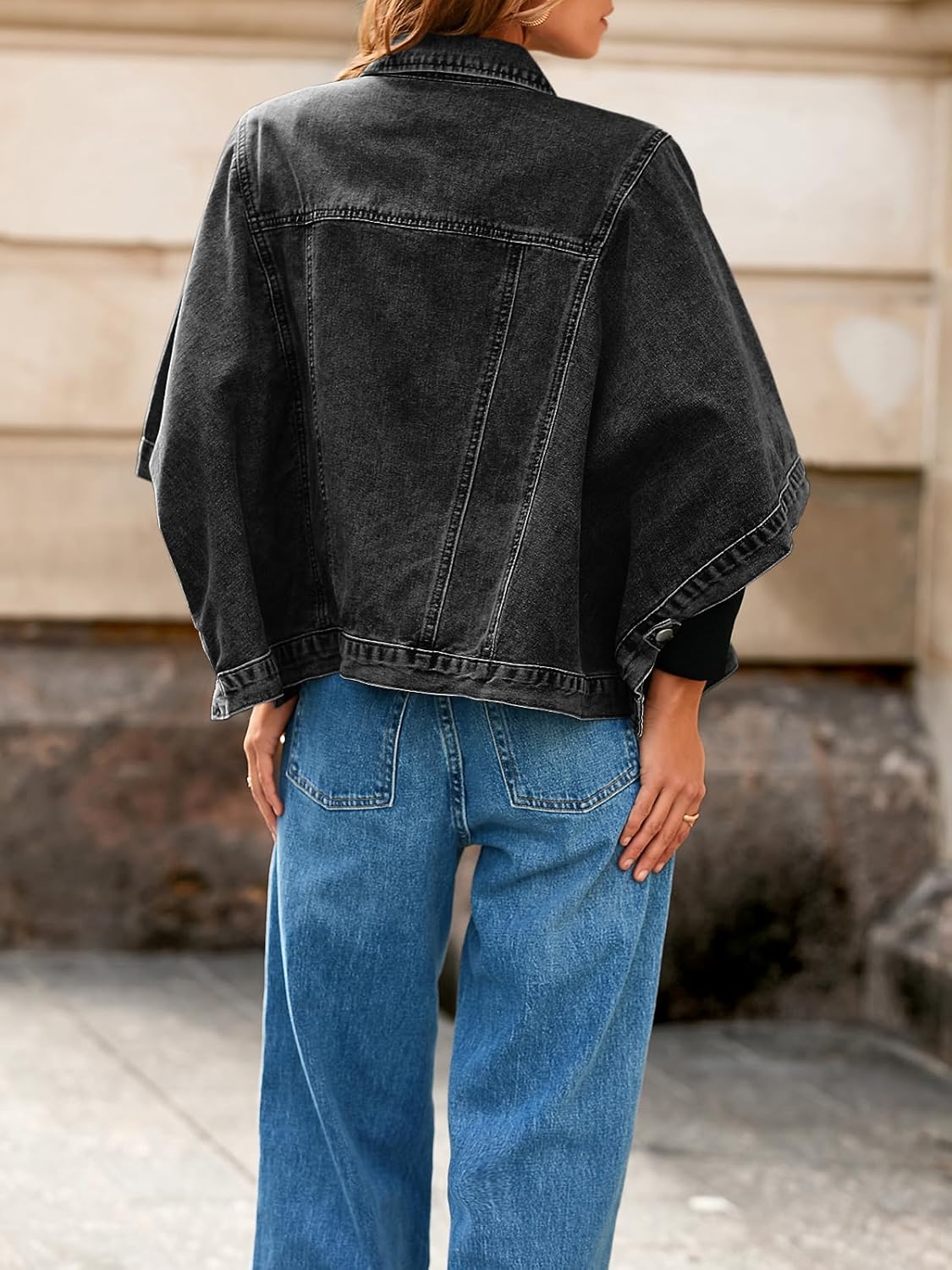 Tankaneo Womens Jean Jacket Oversized Cropped Short Sleeve Cotton Denim Jacket Fall Trendy Cape Outerwear with Pockets - Image 3