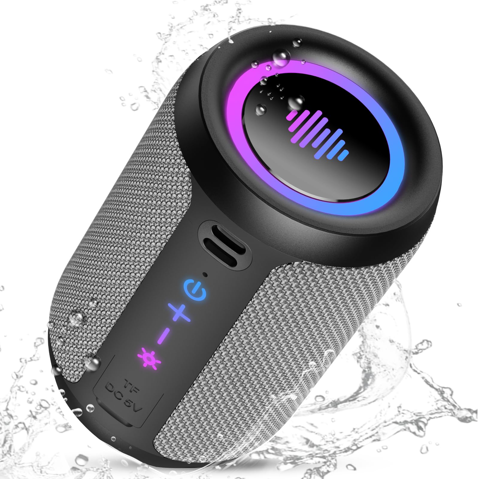 Altavoz Bluetooth Potente 5.4, 15W Pequeño Portatil Altavoz Bluetooth, 360° Sonido Estéreo TWS, Luces LED de Colores Inteligentes, 12H de Reproducción, Impermeable IPX7, para Exterior/Viajes/Fiestas