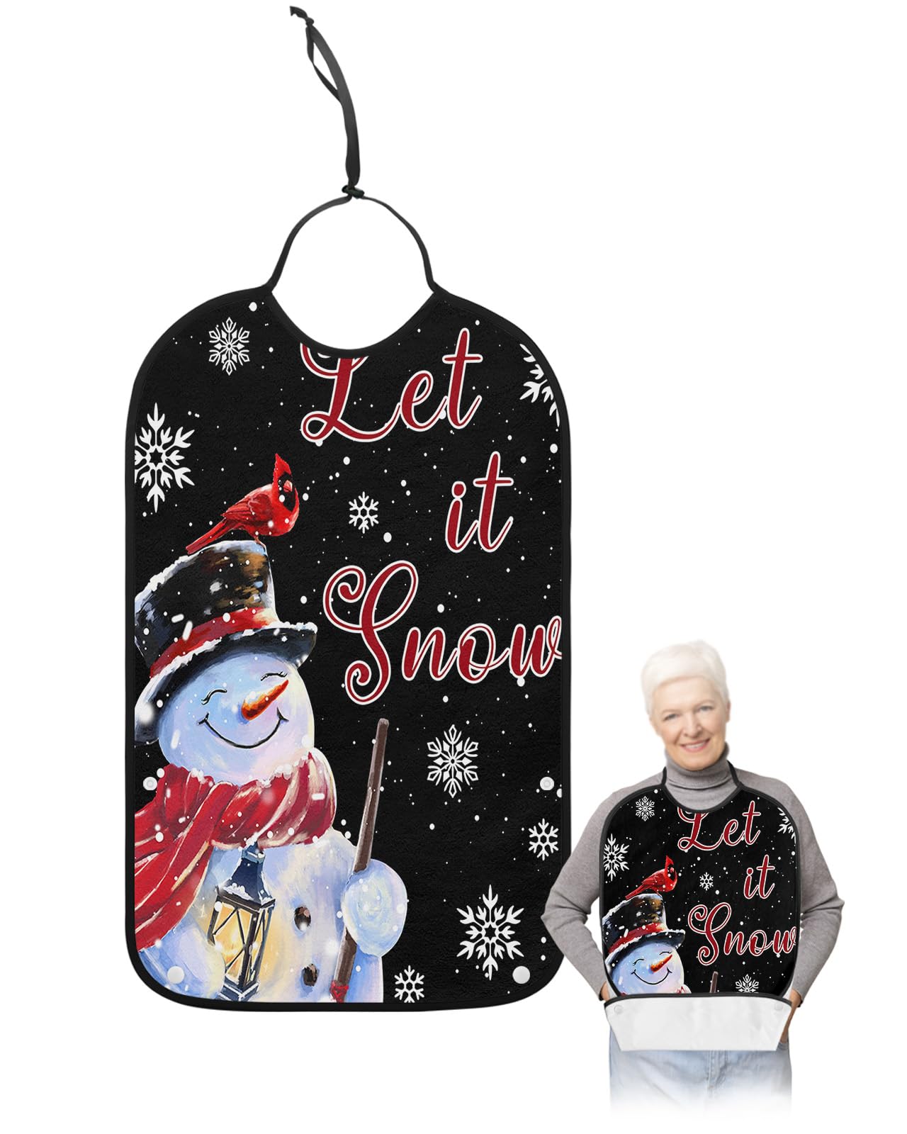 Black Snowman Christmas Adult Bibs for Eating, Waterproof Bibs with Food Catcher & Adjustable Snap Closure, Xmas Birds Winter Snowflake Washable Clothing Protectors Adult Bibs for Elderly Women/Men