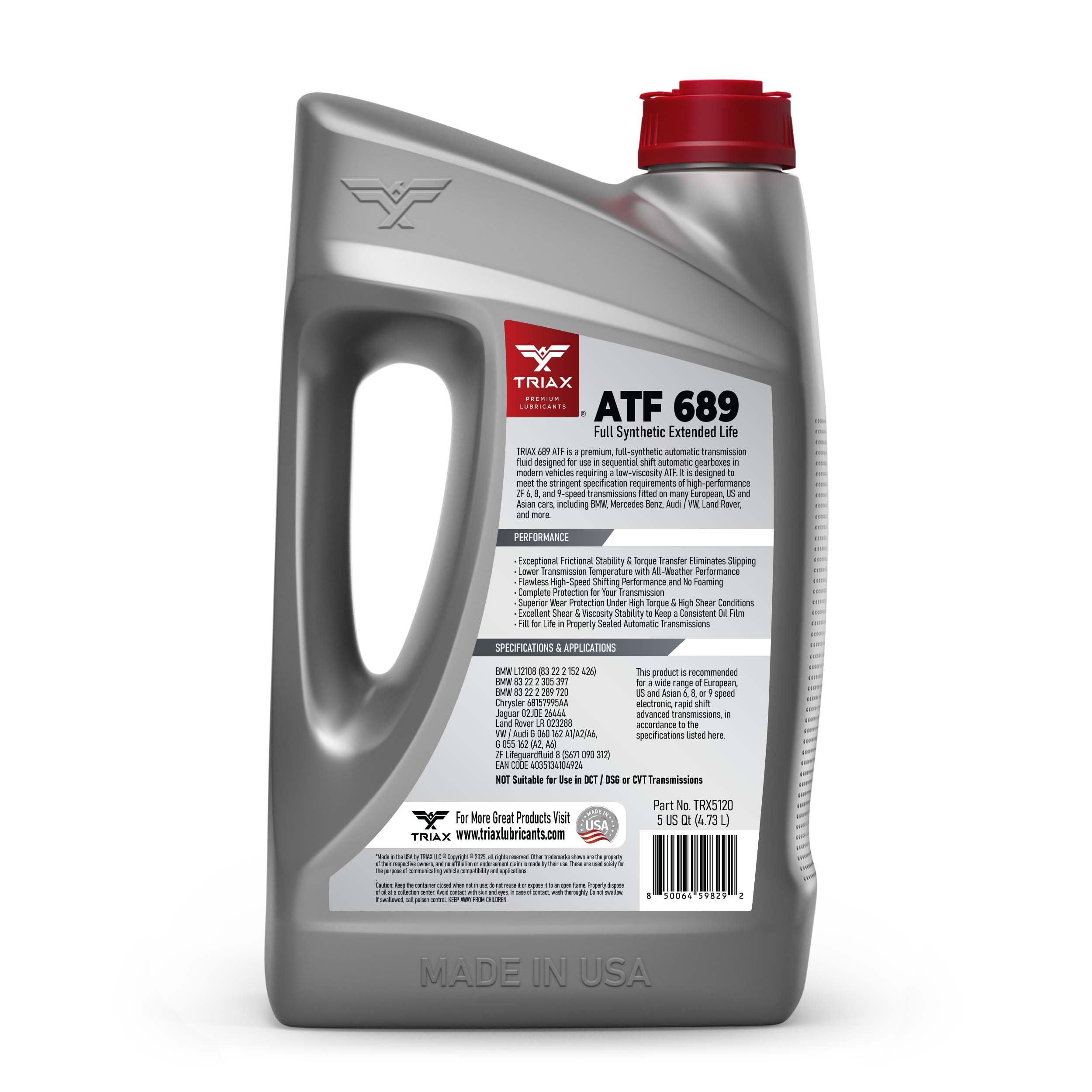TRIAX ATF 689 Full Synthetic – Para Transmisiones Automáticas ZF 6HP 8HP 9HP – Compatible con Jeep Chrysler Dodge RAM Audi BMW Land Rover Mercedes Benz Porsche y Más – 946 ml (4,73 L (5 Quarts))