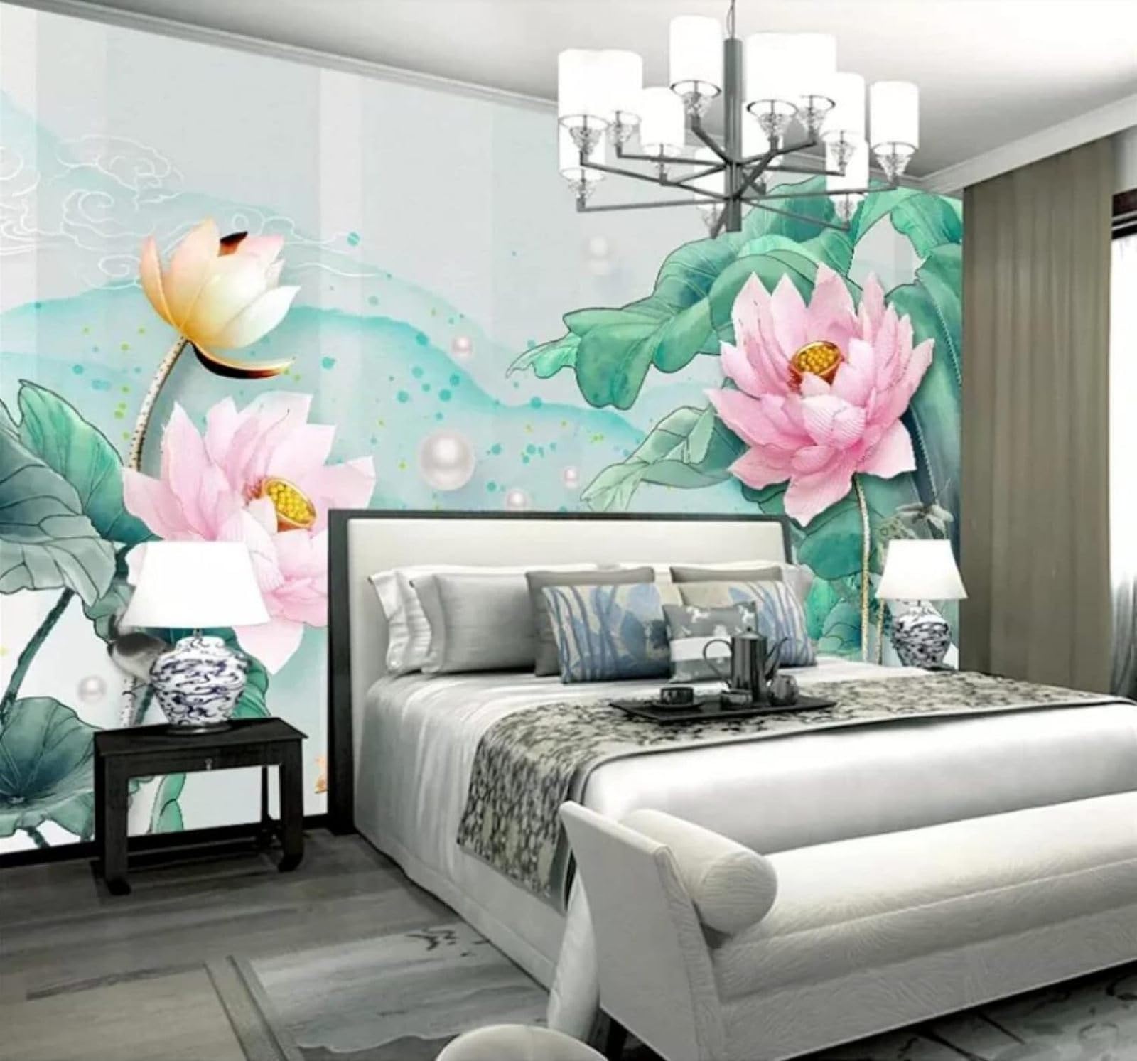 Wallpaper-3D-Xlm 400Cm×280Cm(B×H) Fresh Watercolour Lotus Leaves Lotus Flowers And Small Fish 3D Wallpaper Easy Install Feature Office Living Room Sofa Bedroom Tv Background Wall Decoration-400Cm×280Cm