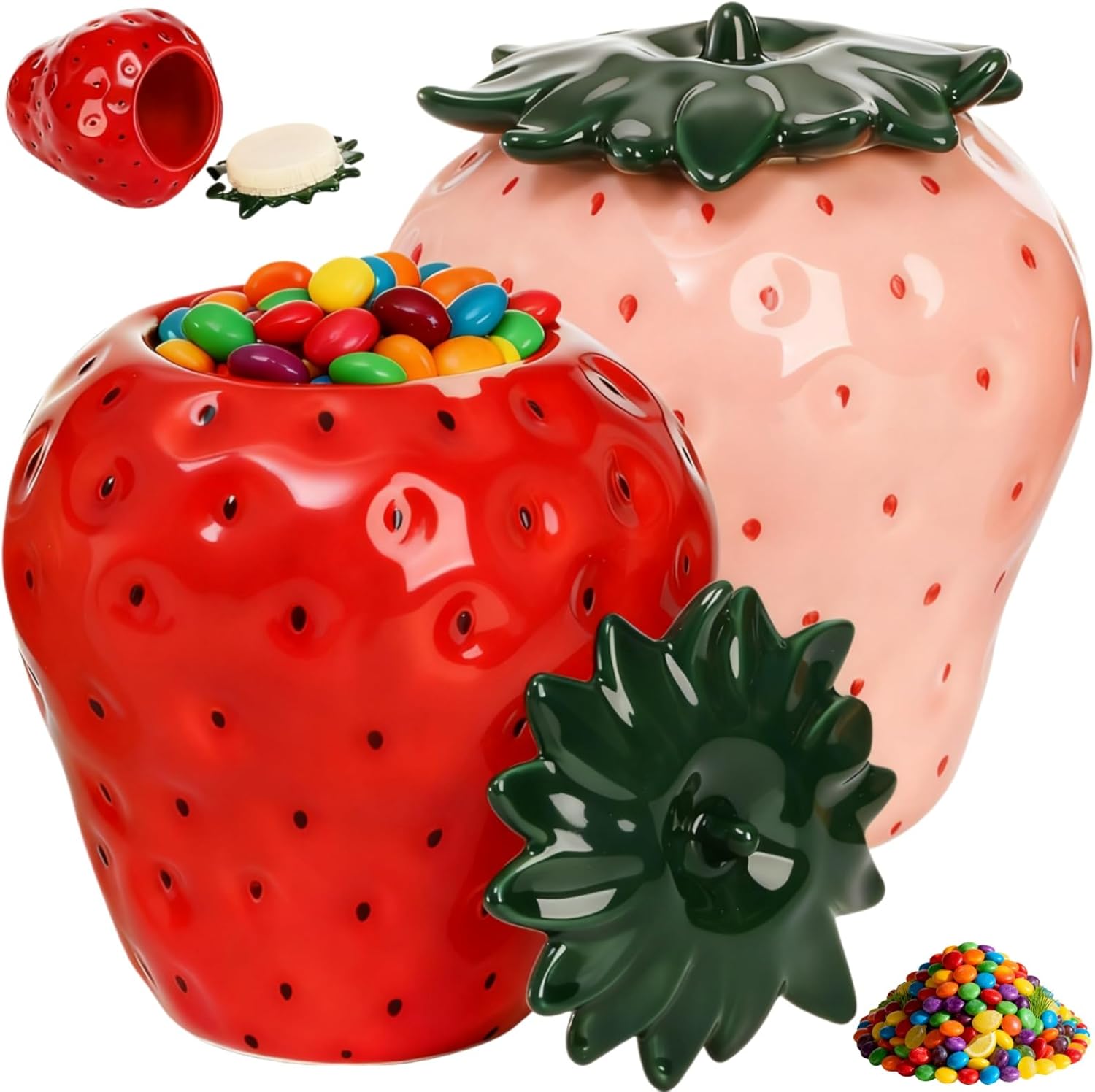 Tlence 2 Pack Strawberry Storage Jars, 14 OZ Ceramic Cookie Containers with Airtight Lids, Cute Sugar Canisters Set, Candy and Coffee Bean Jar for Flour Nut Tea Spices Grains, Kitchen Farmhouse Decor