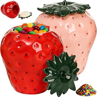 2 Pack Strawberry Storage Jars, 14 OZ Ceramic Cookie Containers with Airtight Lids, Cute Sugar Canisters Set, Candy and Coffee Bean Jar for Flour Nut Tea Spices Grains, Kitchen Farmhouse Decor