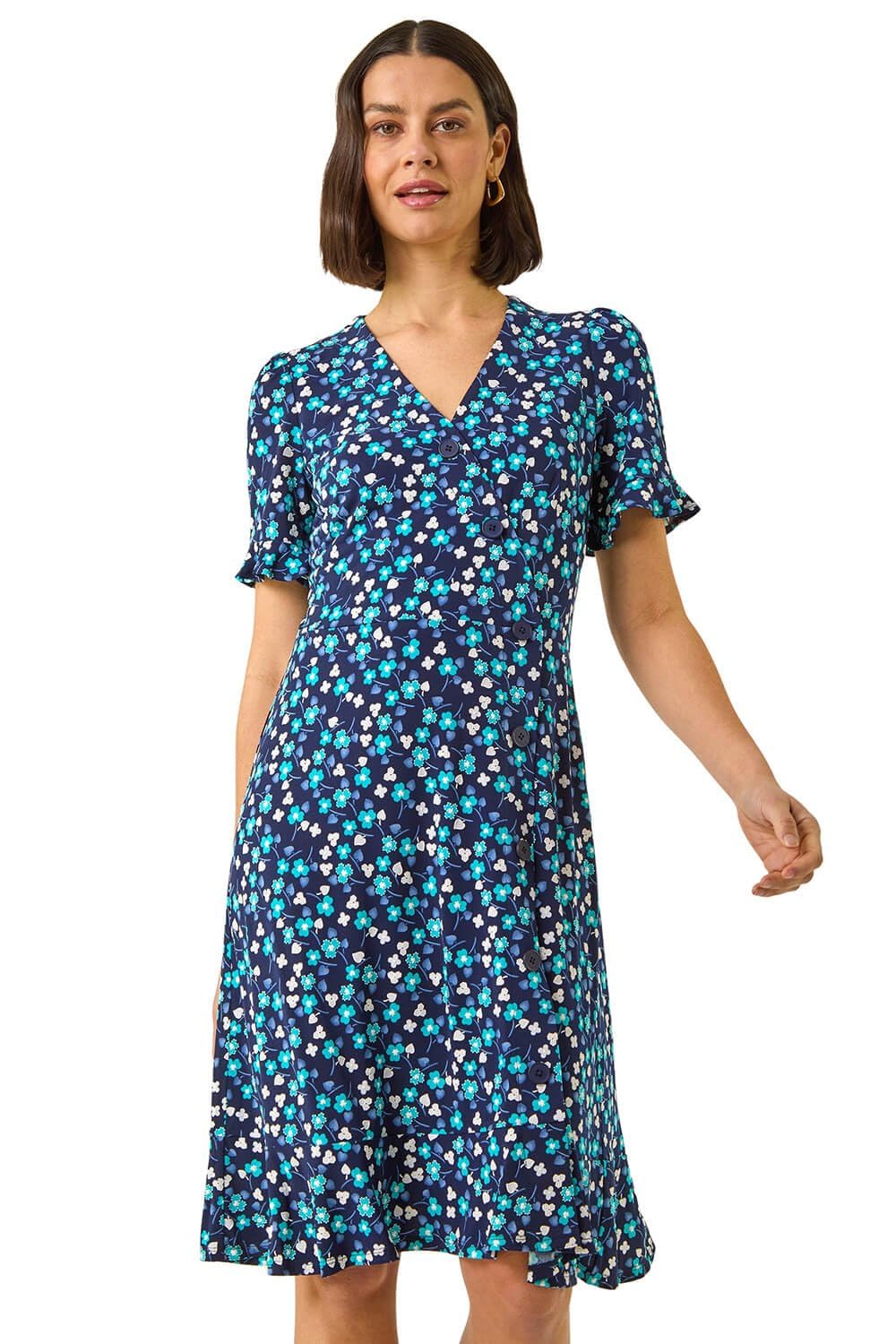 Roman Originals Women's Floral Turquoise Tea Dress For Uk Frill Hem Skater Wrap Jersey Stretchy Fit & Flare Flattering Knee Length Cocktail Party Occasion Holiday Going Out - Size 10
