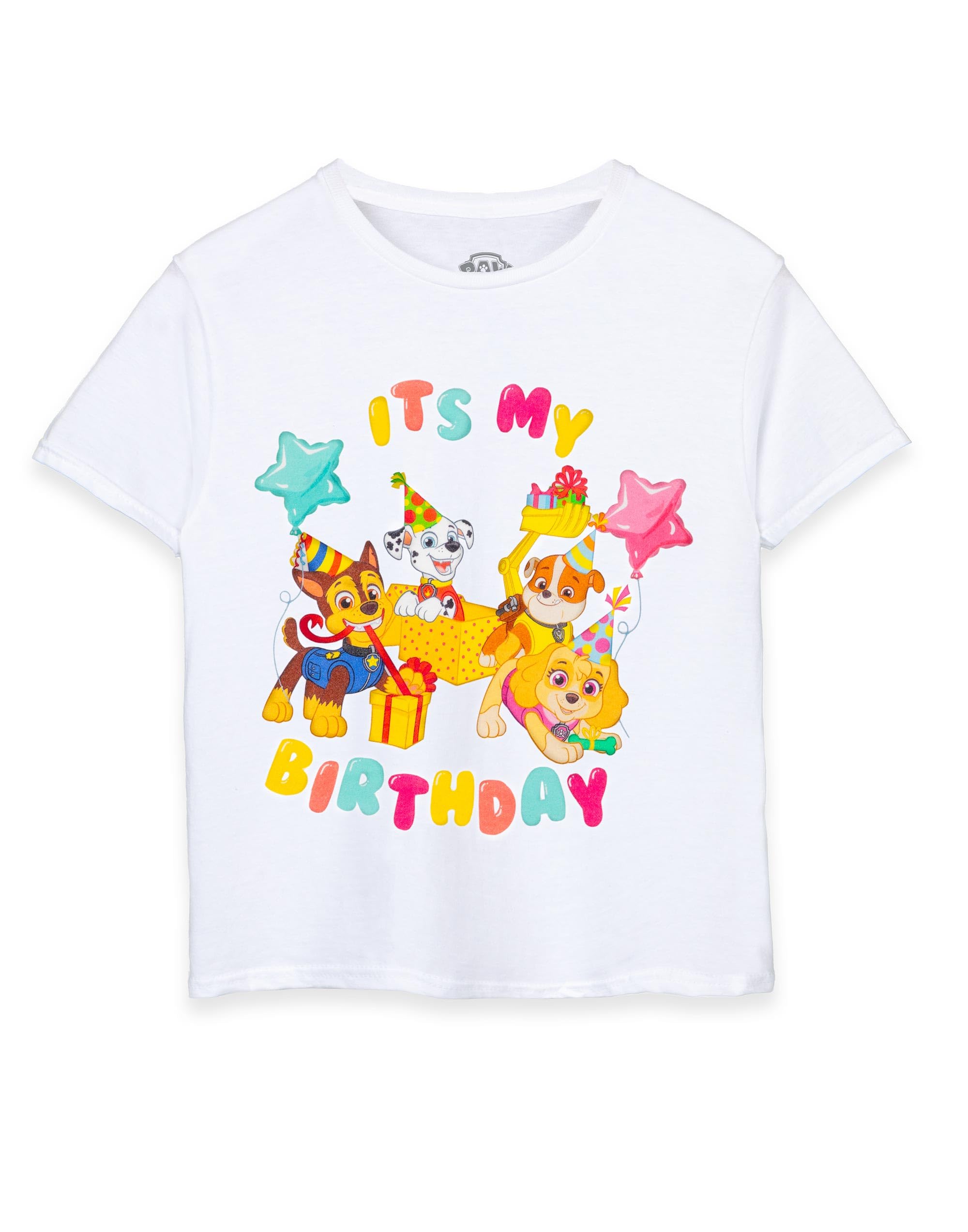 Paw Patrol White Kids T-Shirt | It's My Birthday Short Sleeve Graphic Tee For Kids | Chase Marshall Rubble Skye Character Celebration Lightweight Party Top | Movie Series Merchandise Gift