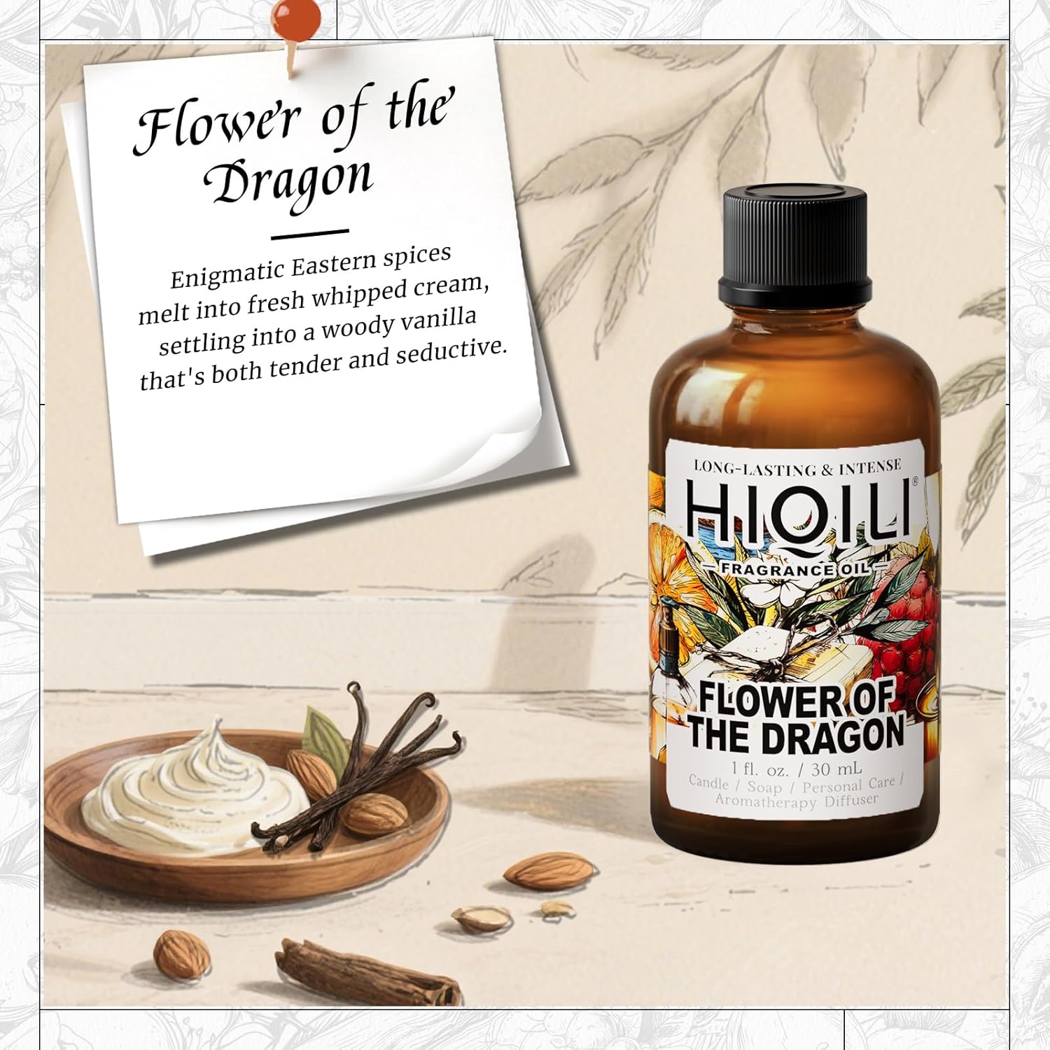 HIQILI Flower of The Dragon Fragrance Oil for Diffuser, Inspired by Td.Orient Fiore-deDrago, Candle, Soap, Perfume & Linen Spray Making, Vanilla Cream Scent, Long-Lasting Aroma - 1 Fl Oz - Image 2