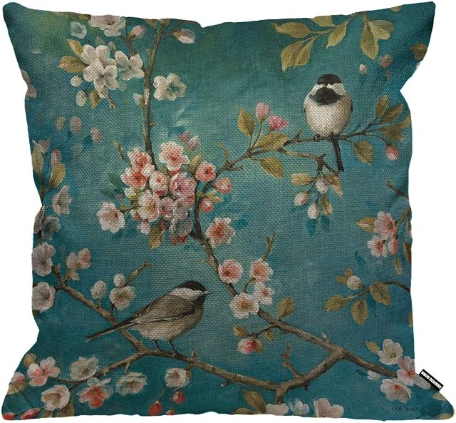 HGOD DESIGNS Cushion Cover Bird Two Bird Rest On Tree and Flower Blossom Throw Pillow Cover Home Decorative for Men/Women/Boys/Girls Living Room Bedroom Sofa Chair 18X18 Inch Pillowcase