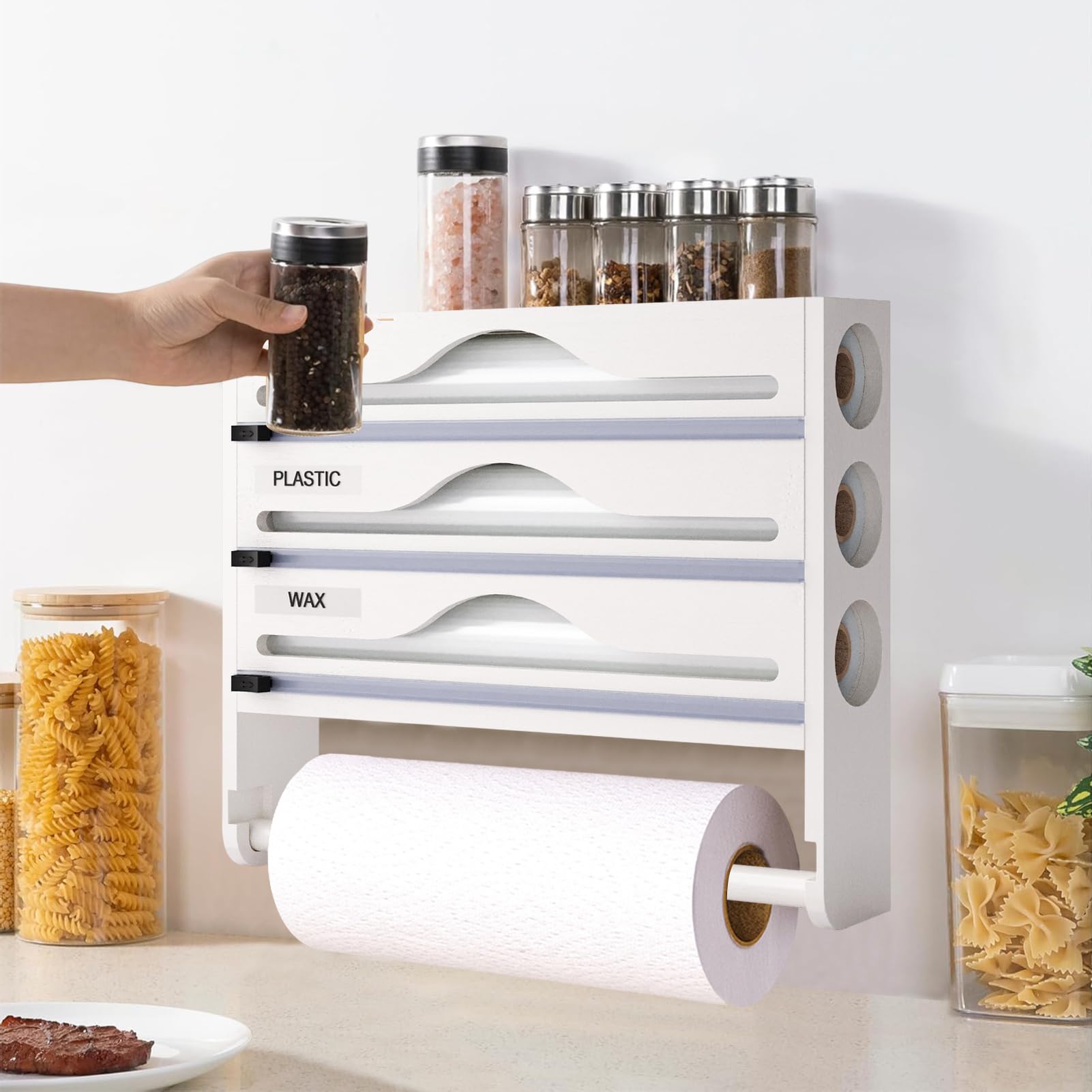 Cling Film and Foil Dispenser and Cutter Wall Mounted Cling Film Wrap Dispenser Organizer with Roll Holder and Labels, Kitchen Organizer & Holder Compatible with 12'' Roll