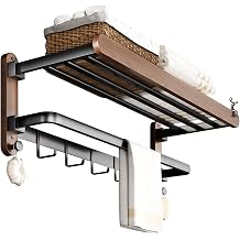 PUREBOX Towel Rack Holder 3-Tier Solid Wood with Shelf, Foldable Wall Mount, 24in Thickened Tube Holds 30lbs, 7 Hooks, No-Drill Adhesive or Screw Mount, Aluminum Walnut for Bathroom Organization