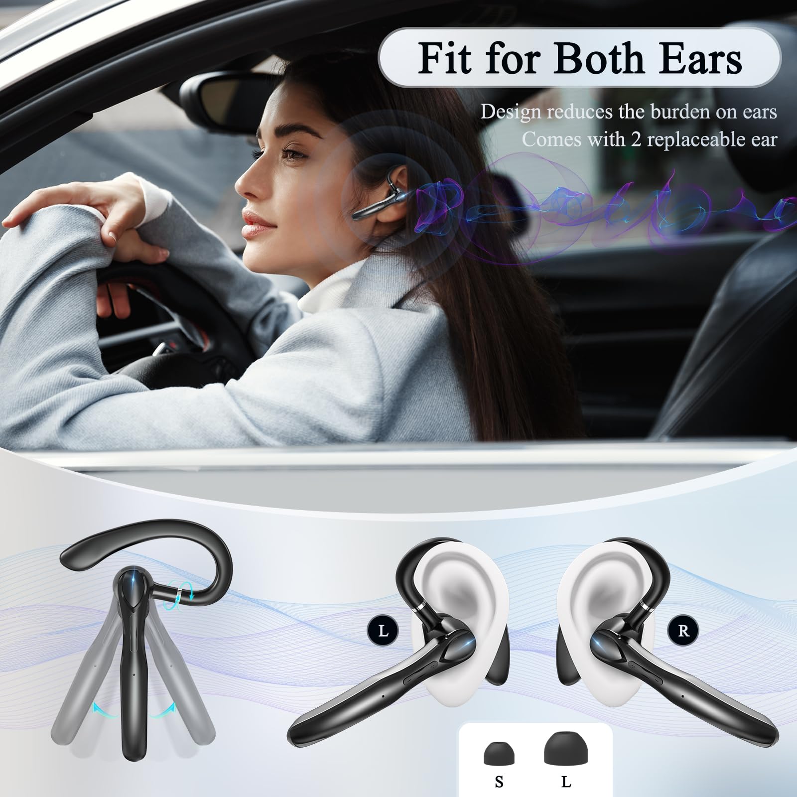 Sisism Bluetooth Headset, Wireless Bluetooth Earpiece with 400mAh Charging Case 50 Hours Talking Time Built-in Microphone for iOS Android Cell Phone, V5.3 Hand-Free Headphones for Trucker, Office — view 4