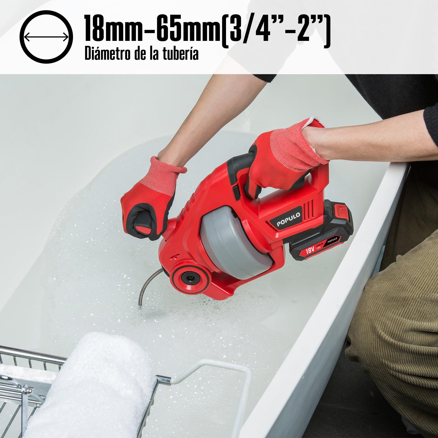 Populo Kit de desagüe eléctrico de iones de litio de 18V(20V Max), cable flexible de 7.6m, desagüe automático inalámbrico de hasta tuberías de 50 mm