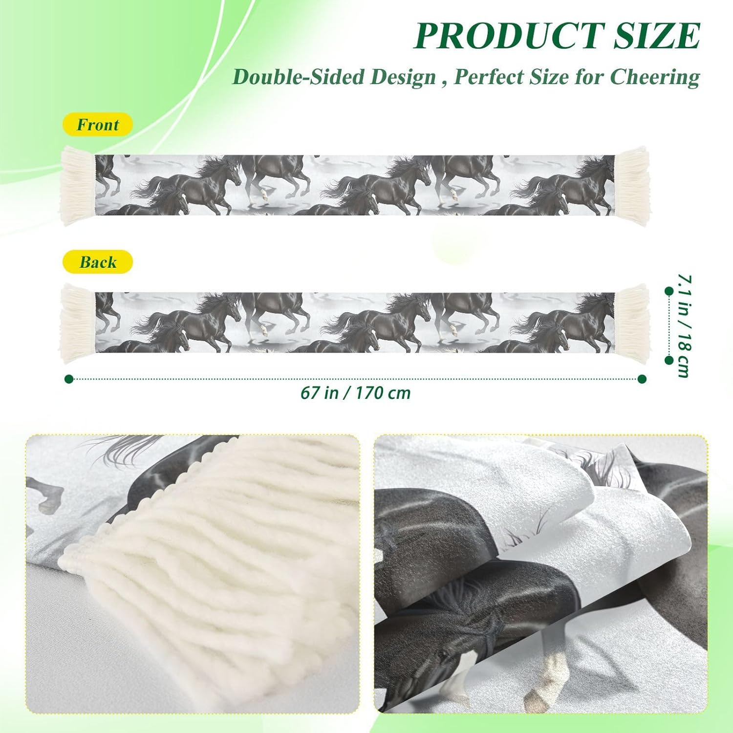 CHIFIGNO Black White Horse Sports Fan Scarf Sweat Towel, Soft Polyester Soccer Scarf, Quick Dry, Vibrant Print, Crowd Cheering Accessory