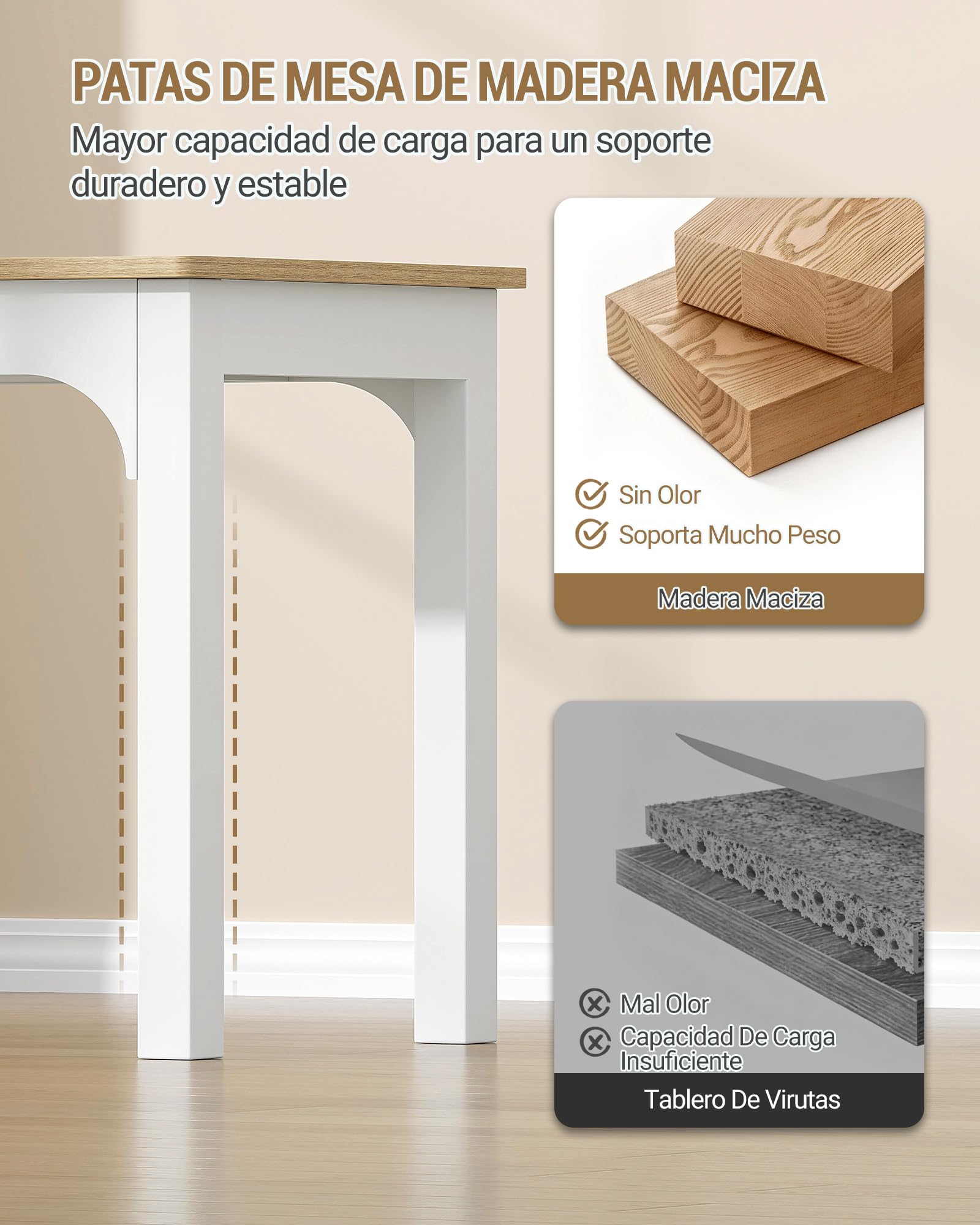 Hzuaneri Mesa de Comedor en Tono Madera, 50 x 80 x 75 cm, Blanco | Mesa de Cocina con Cajones, Tablero de 18 mm de Grosor, Cuadrada, Patas de Madera Maciza, Capacidad para 4 Personas, KT10003X