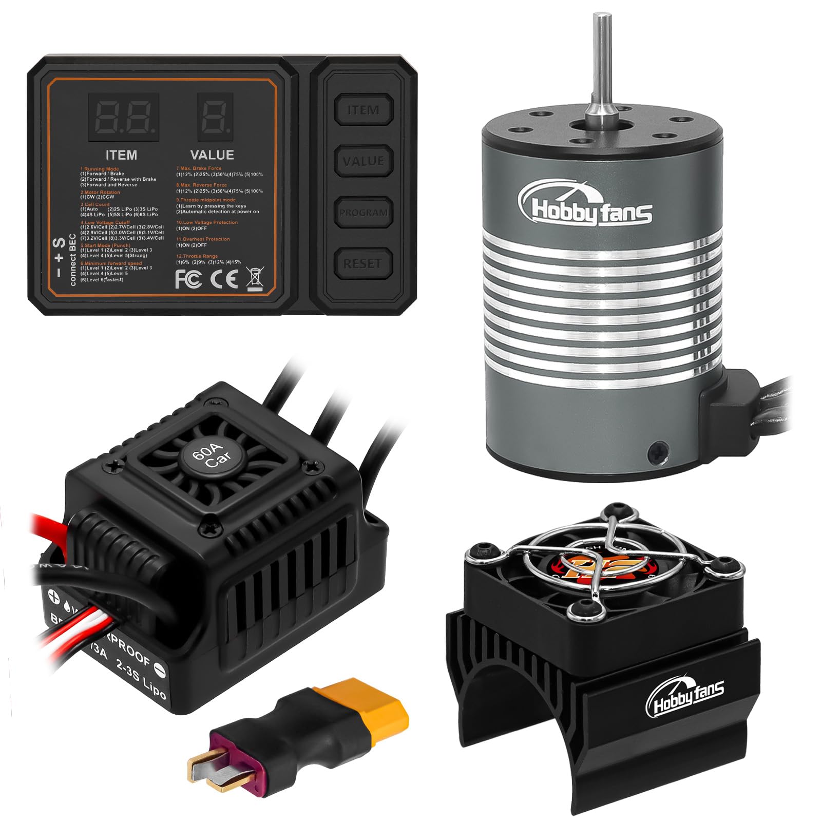 Hobby Fans Waterproof S3650 3900KV Brushless Motor 3.175mm Shaft with 60A Brushless ESC Electric Speed Controller Combo Set with Heatsink and