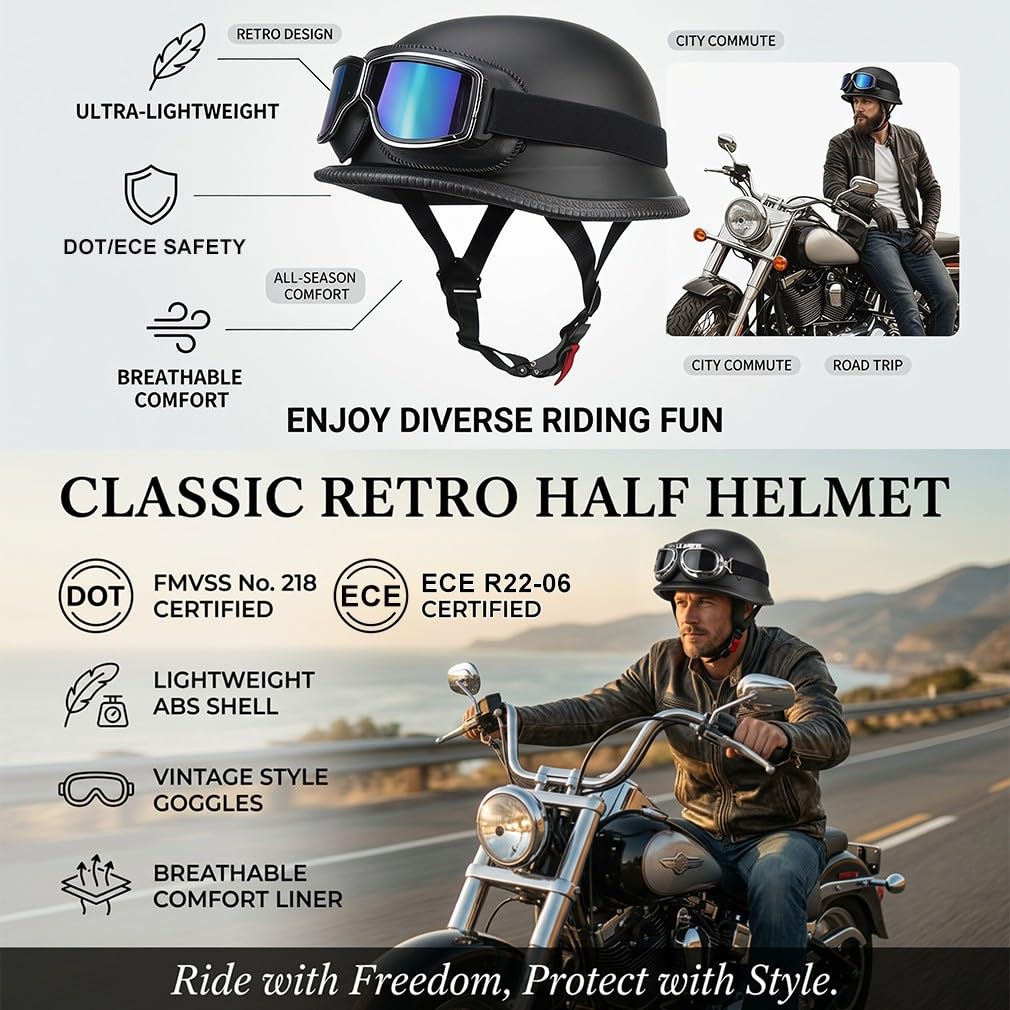 Retro Deutsche Halbhelm Öffnen Motorradhelm Halboffenen Halbschalenhelm ECE Genehmigt Jethelm Offenem Helm Mit Brille Cruiser Chopper Helm Mopedhelme Geeignet Erwachsene MäNner Frauen