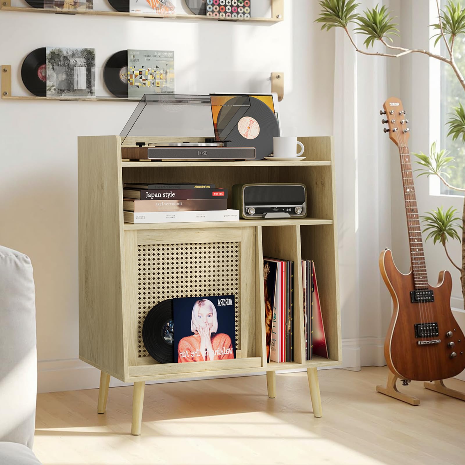 Kiasthome Schallplattenschrank, Vinyl Aufbewahrung mit Plattenspieler-Tisch für Wohnzimmer (Hellholz Rattan - Hoch)