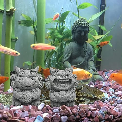 Miniatura 3 de Estatuas de perros Fu Foo para pecera, decoración de estatuas de un par de figuras asiáticas japonesas de arenisca de león para tanques de 10