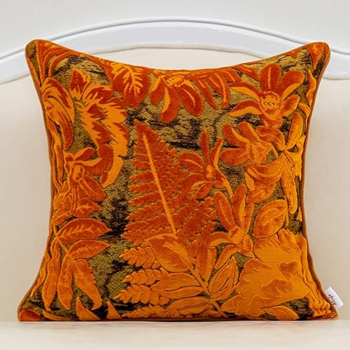 Alerfa 18 x 18 Inch Orange Square Maple Leaf Pillow Embroidery Cut Velvet Cushion Case Luxury Modern Lumbar Throw Pillow Cover Decorative Pillow for Couch Sofa Living Room Bedroom Car - Orange Leaf - 18" x 18" (Pack of 1)