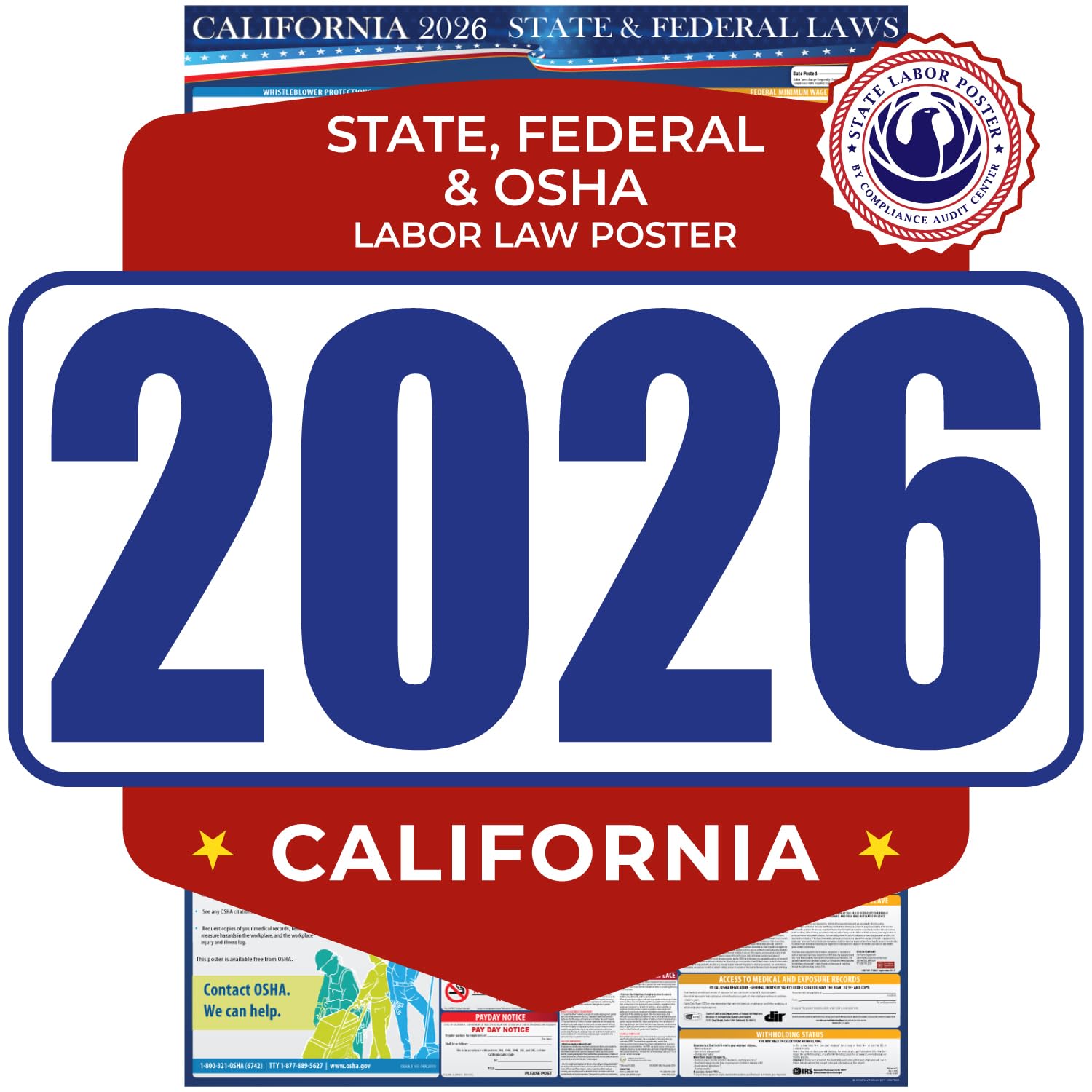 2026 California State and Federal Labor Law Poster - English Version - OSHA Workplace Compliant - Mandatory Regulations All-in-One Required Compliance