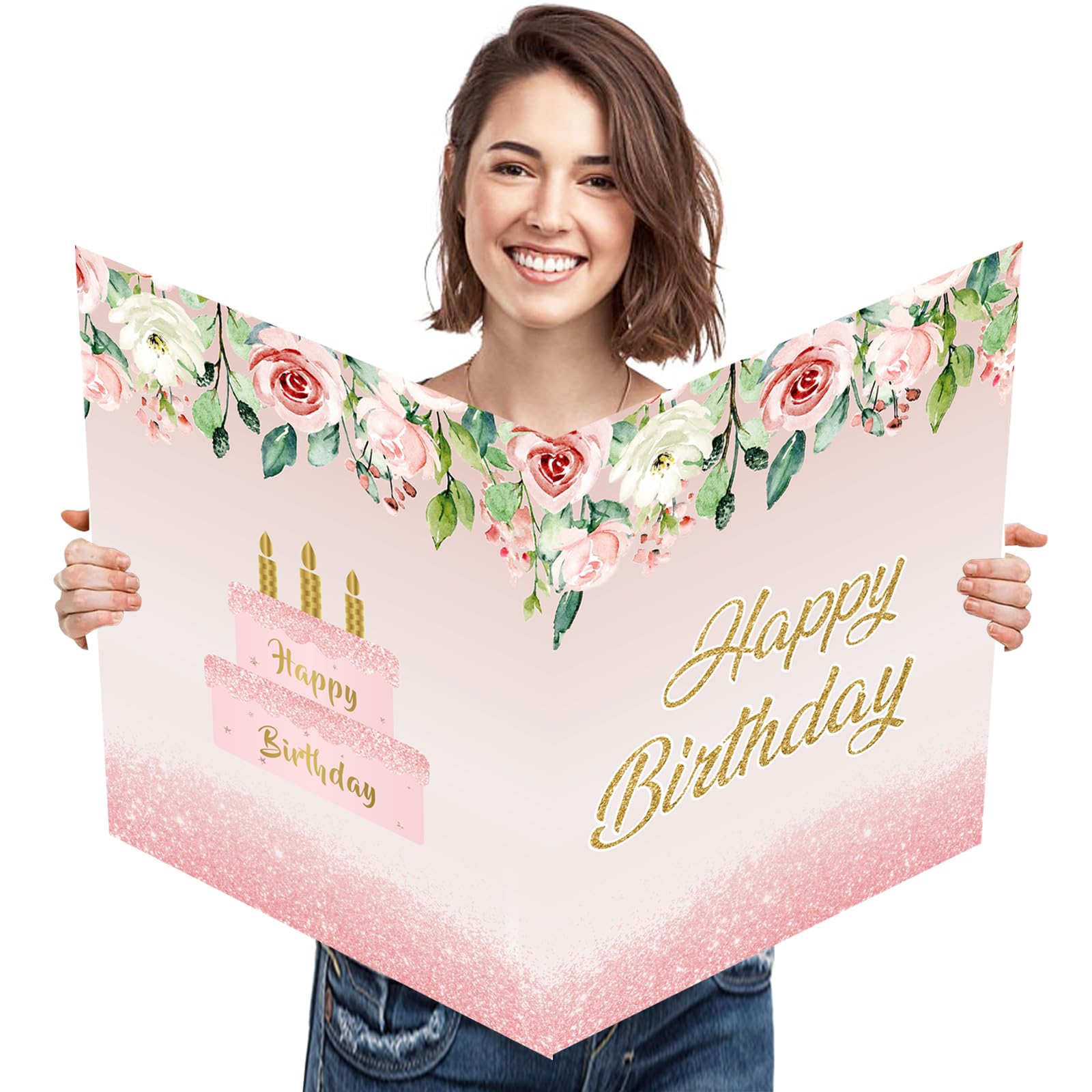 SULICRE Giant Birthday Card with Envelope, 22 x 14 Inch Rose Gold Flower Jumbo Birthday Guest Signature Book, Big Bday Greeting Card, Extra Large