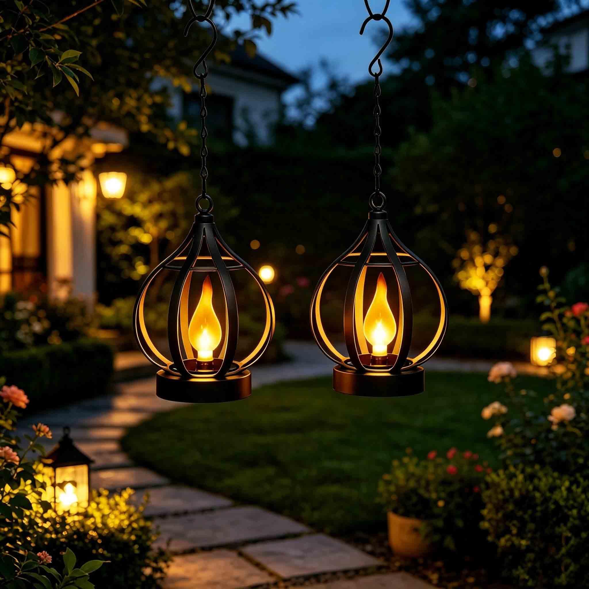 Solarlampen FüR AußEn HäNgend, Solar Lampions AußEn Wetterfest, Led Flackernde Flamme Laternen FüR DraußEn Mit Haken Und Kette, Gartendeko & Terrassen Deko, FüR Balkon Terrasse Rasen、Schwarz 2